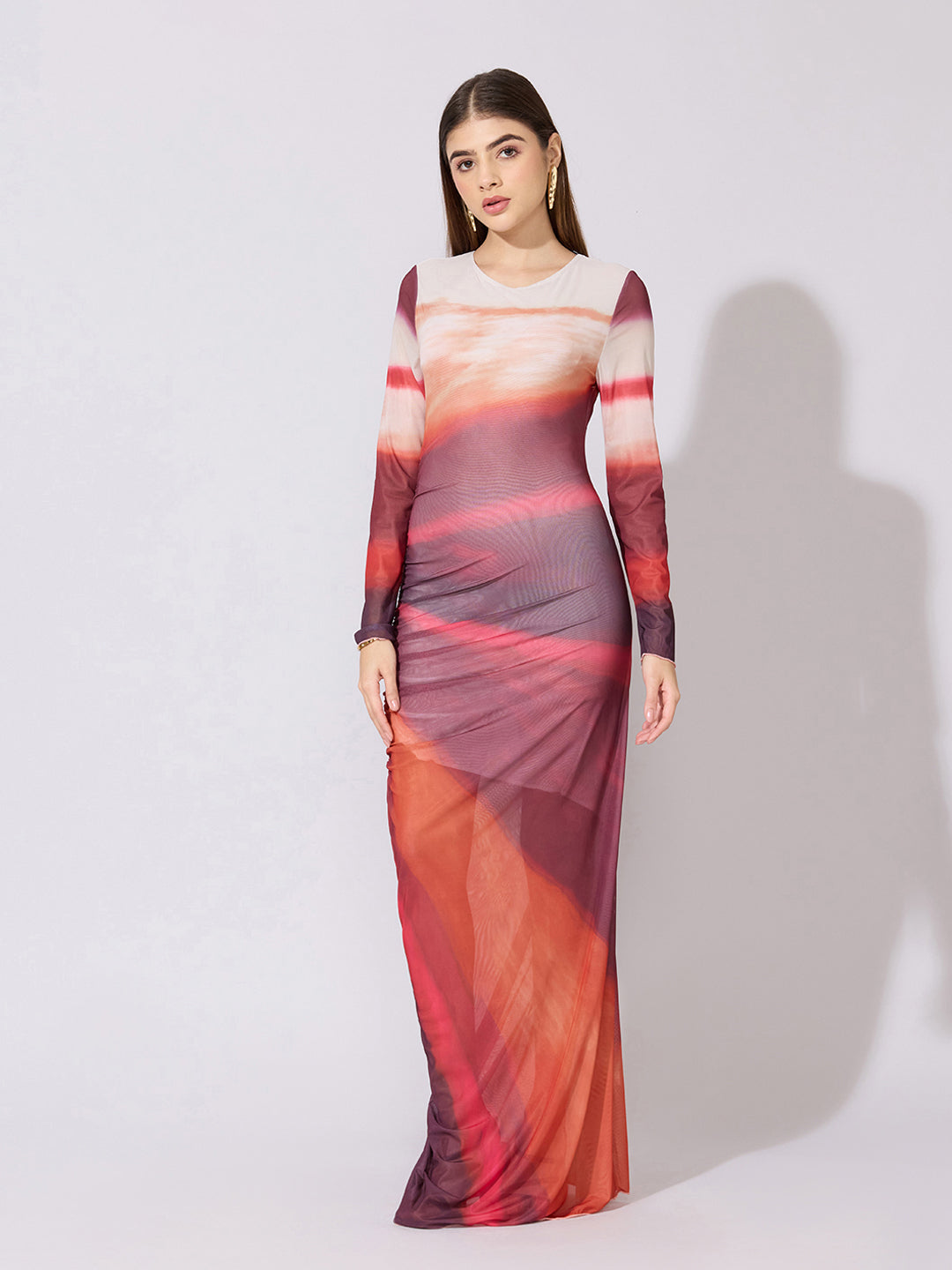 Women's Abstract Red Ruched Bodycon Mesh Dress