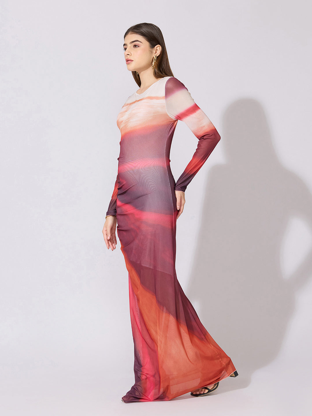 Women's Abstract Red Ruched Bodycon Mesh Dress