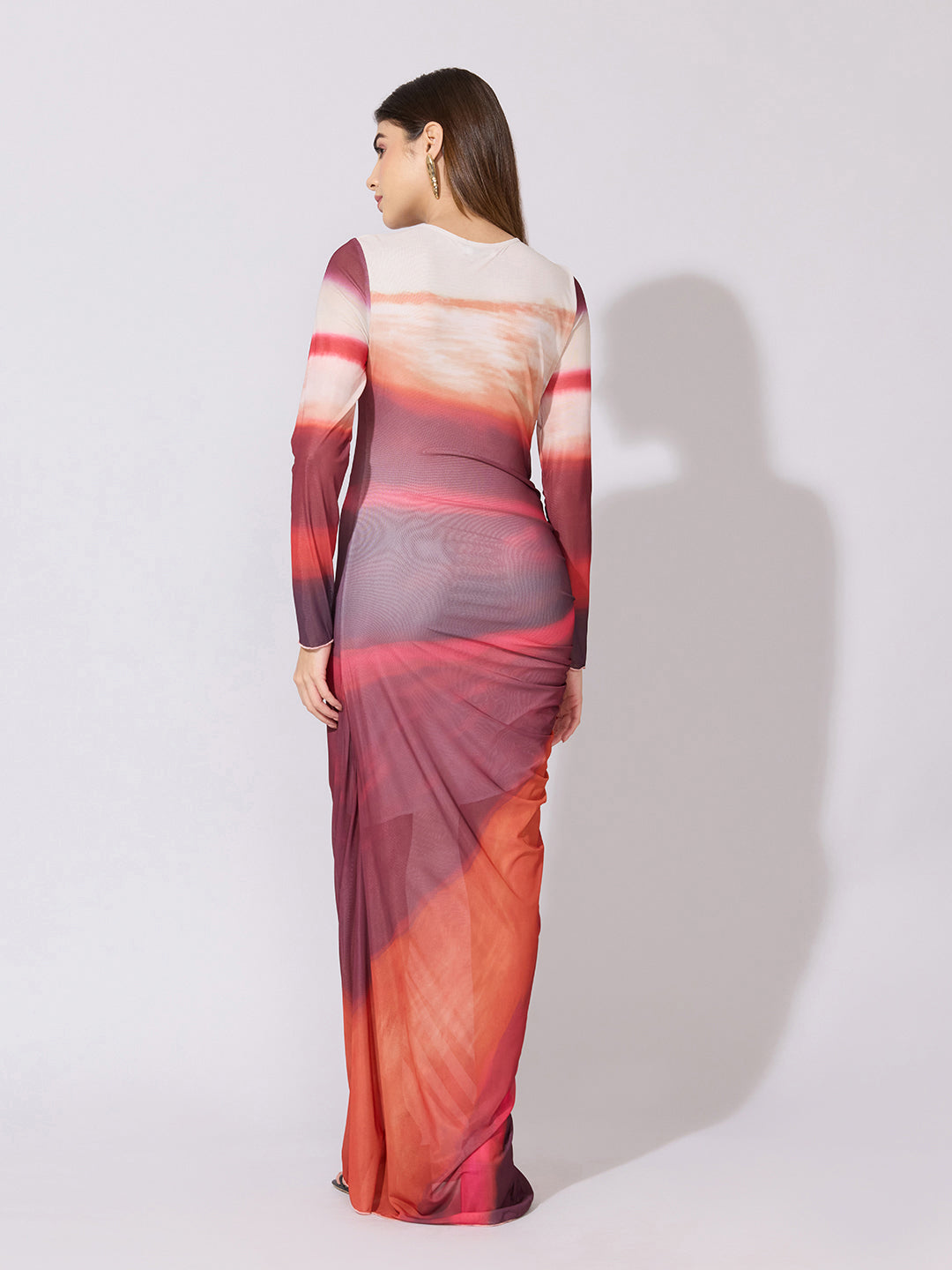 Women's Abstract Red Ruched Bodycon Mesh Dress