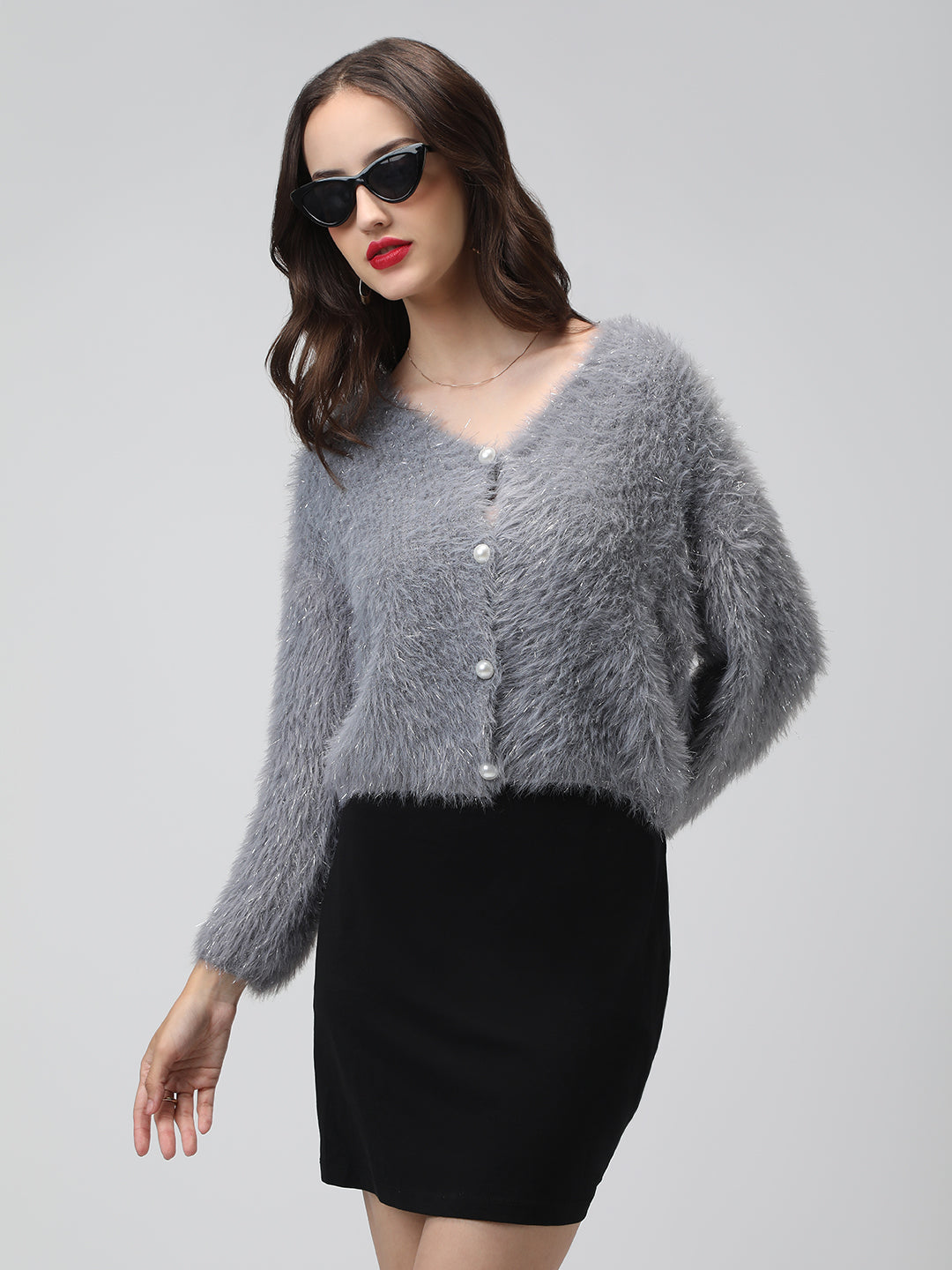 Women's Ribbed Grey V-Neck Fuzzy Cardigan