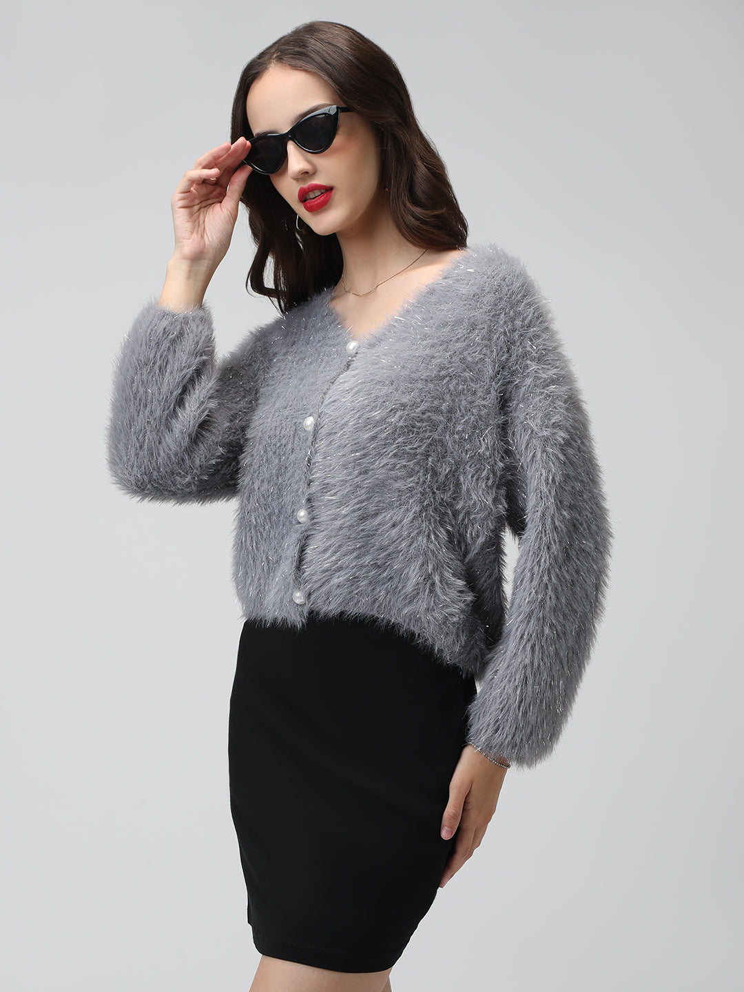 Women's Ribbed Grey V-Neck Fuzzy Cardigan