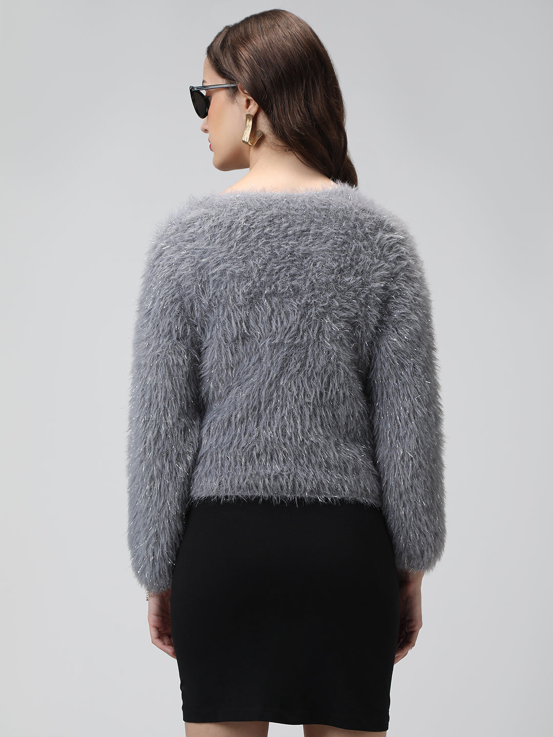 Women's Ribbed Grey V-Neck Fuzzy Cardigan