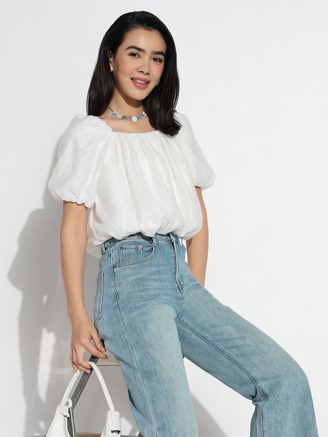 Women Square Neck White Solid Blouson Crop Top