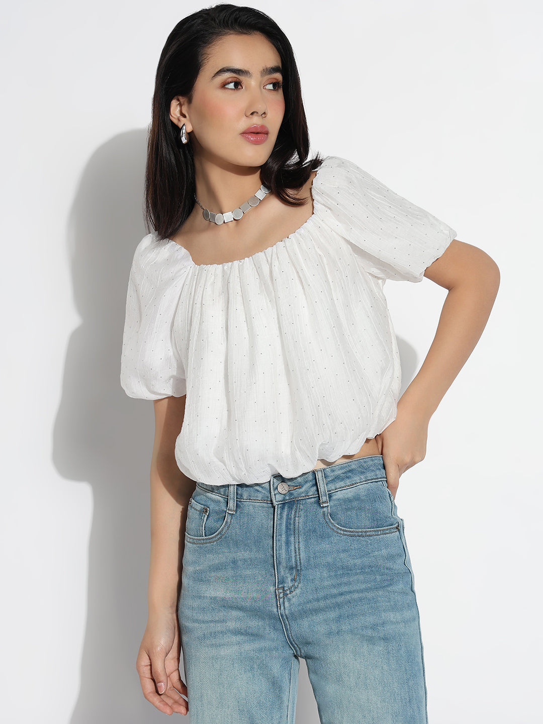 Women Square Neck White Solid Blouson Crop Top