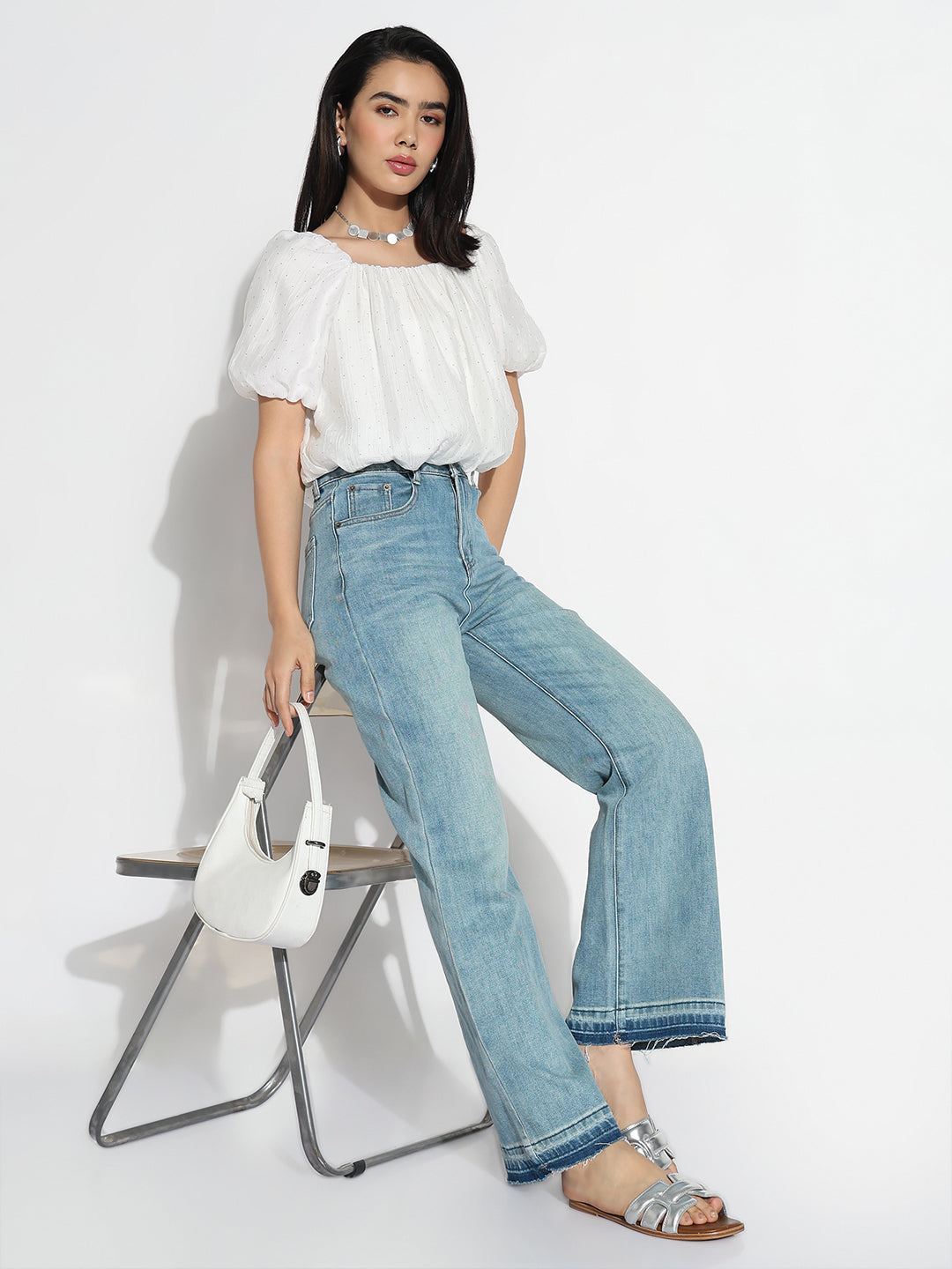 Women Square Neck White Solid Blouson Crop Top