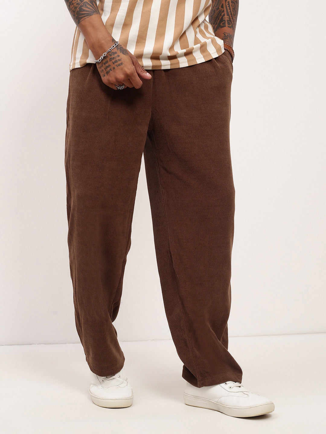 Men Brown Solid Straight Fit Trousers