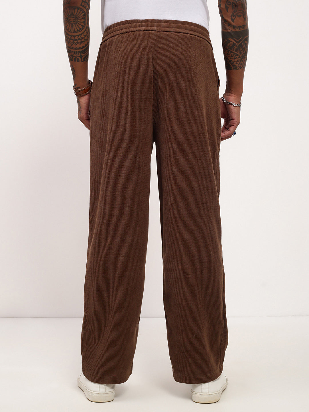 Men Brown Solid Straight Fit Trousers