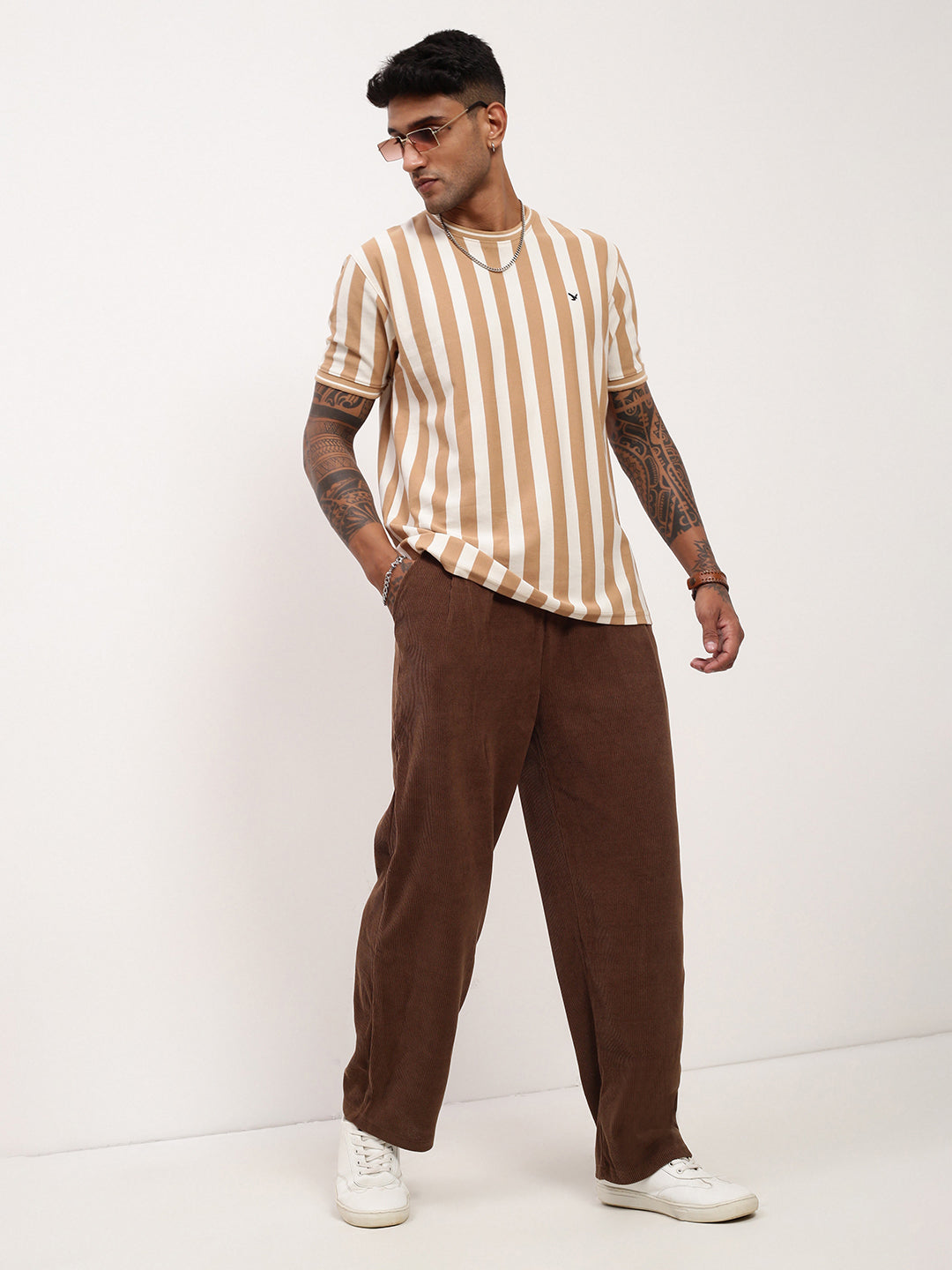 Men Brown Solid Straight Fit Trousers