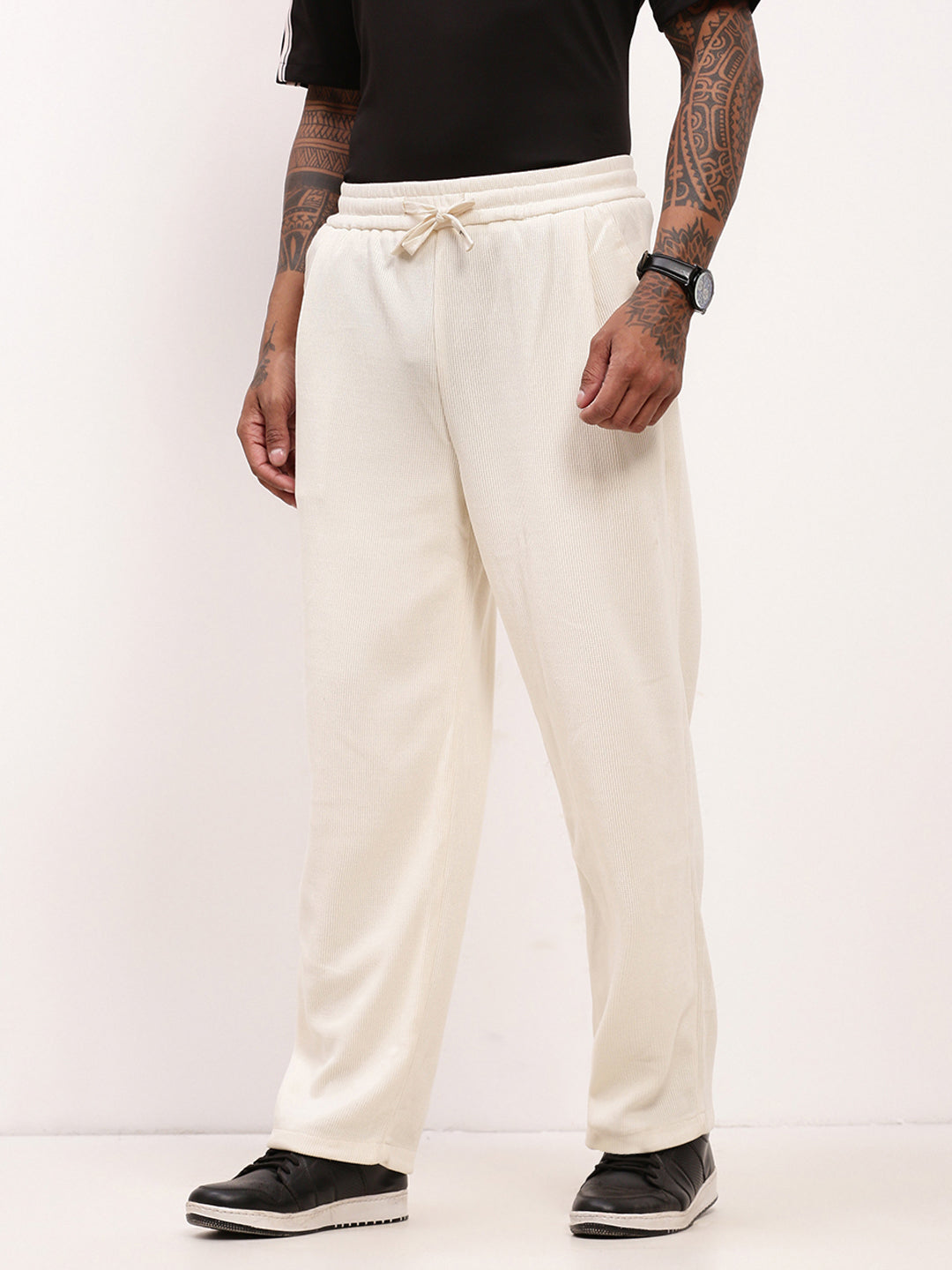 Men Cream Solid Straight Fit Trousers