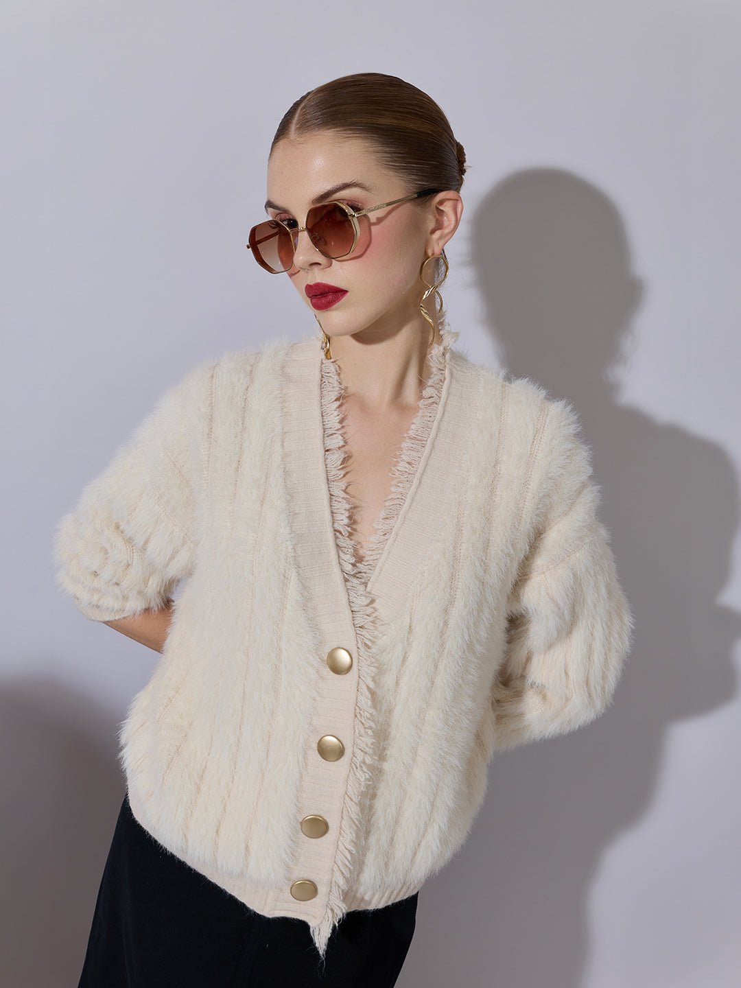 Women's Cream Fringed V-Neck Fuzzy Sweater