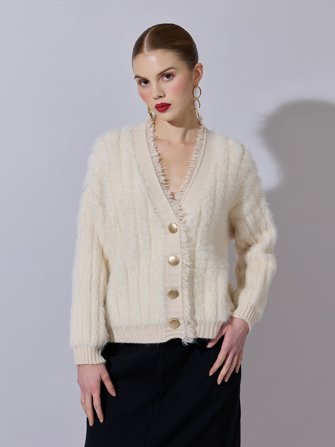 Women's Cream Fringed V-Neck Fuzzy Sweater