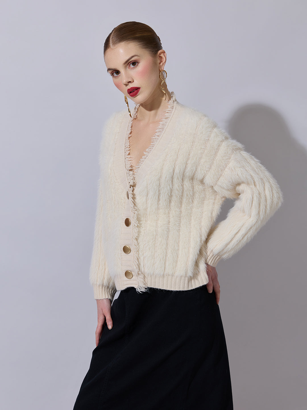 Women's Cream Fringed V-Neck Fuzzy Sweater