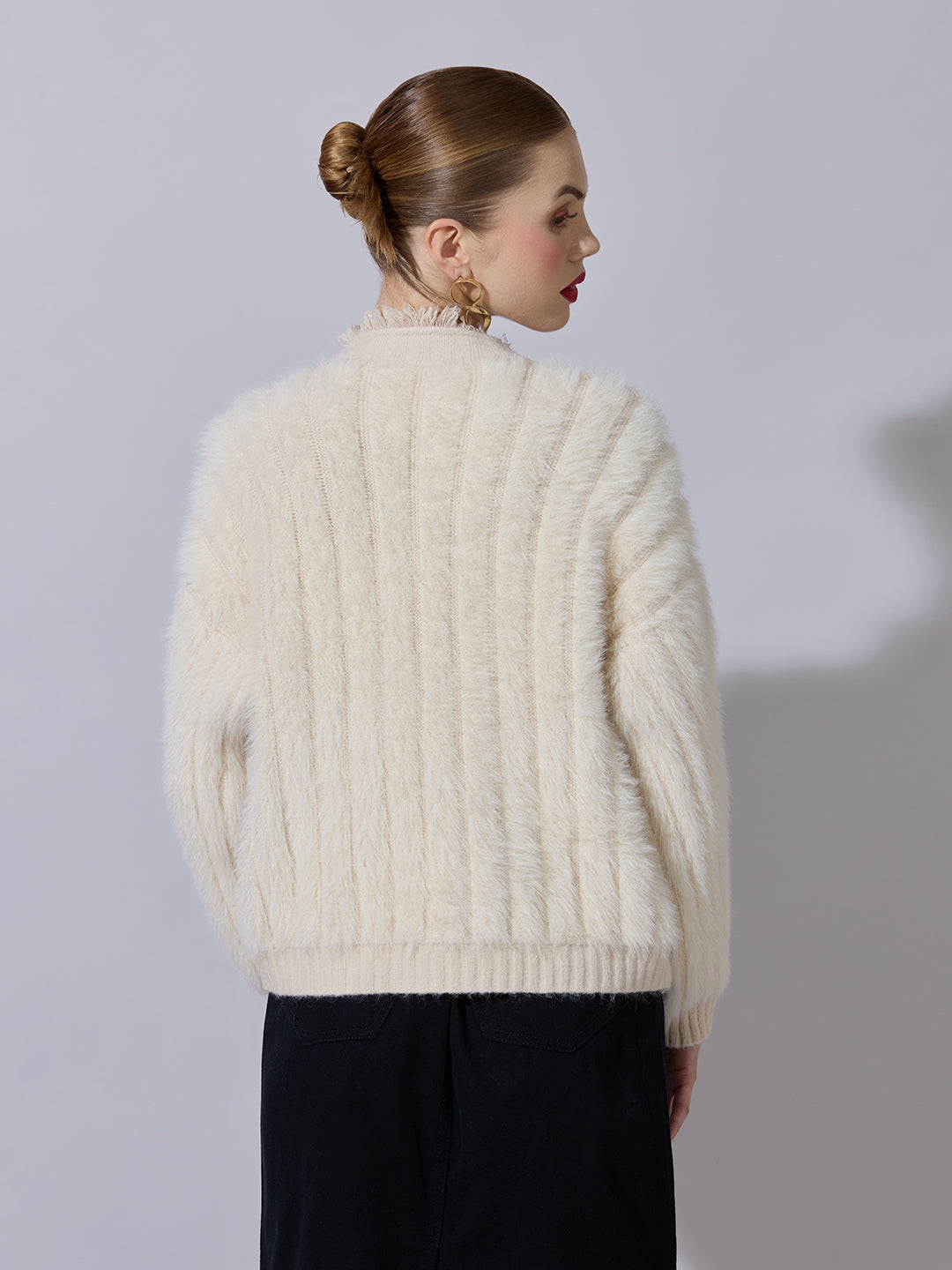 Women's Cream Fringed V-Neck Fuzzy Sweater
