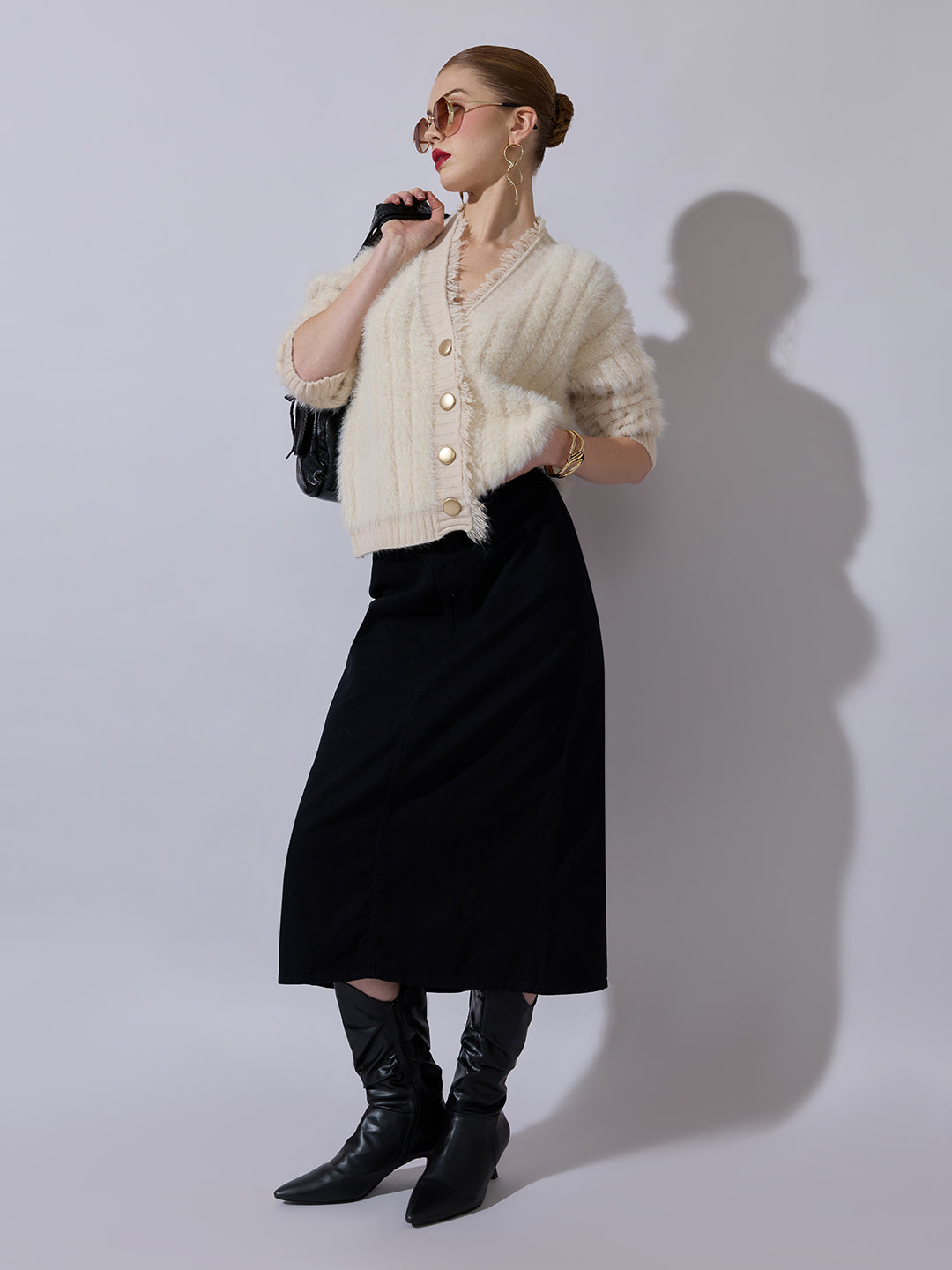 Women's Cream Fringed V-Neck Fuzzy Sweater