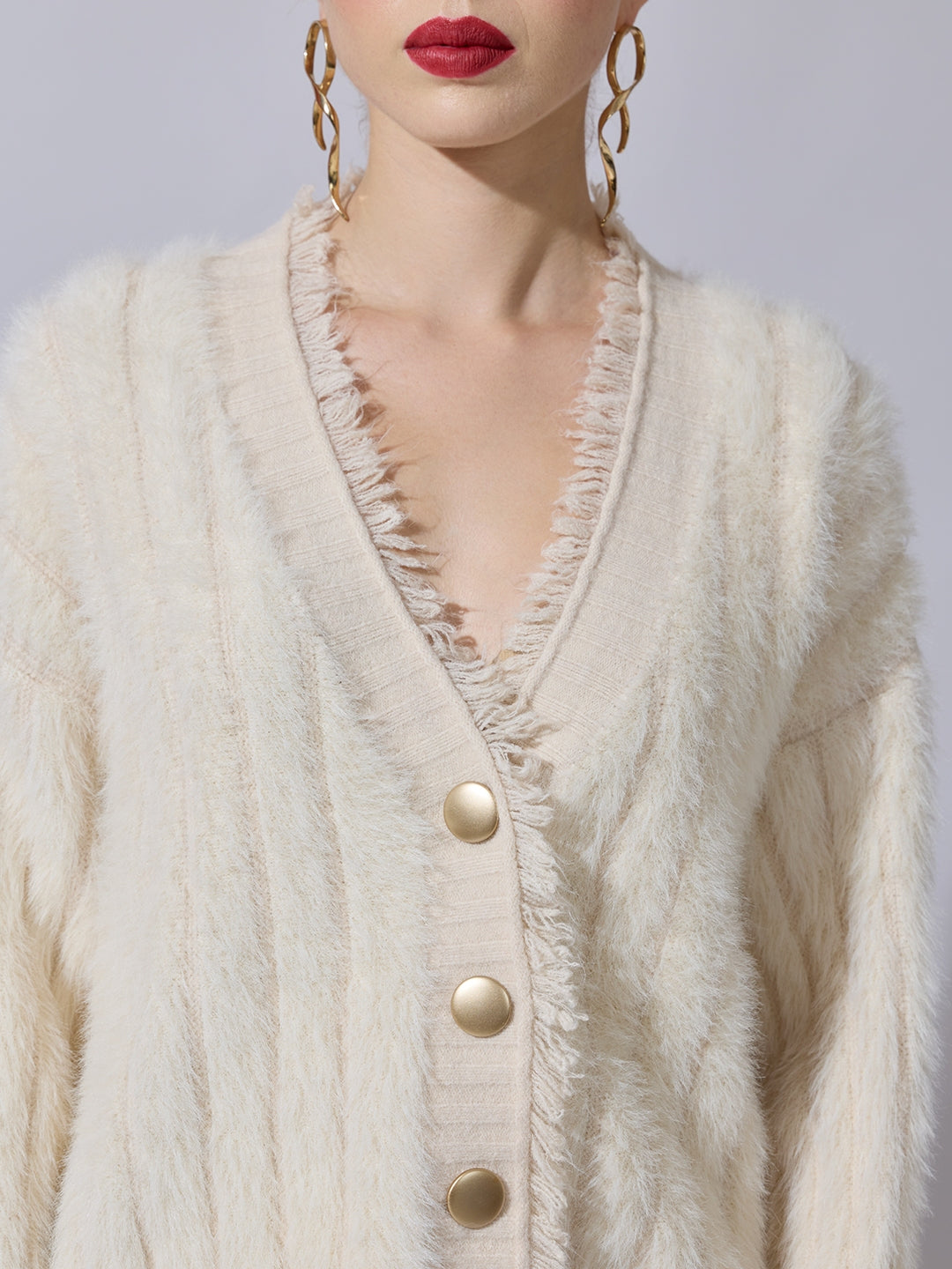 Women's Cream Fringed V-Neck Fuzzy Sweater