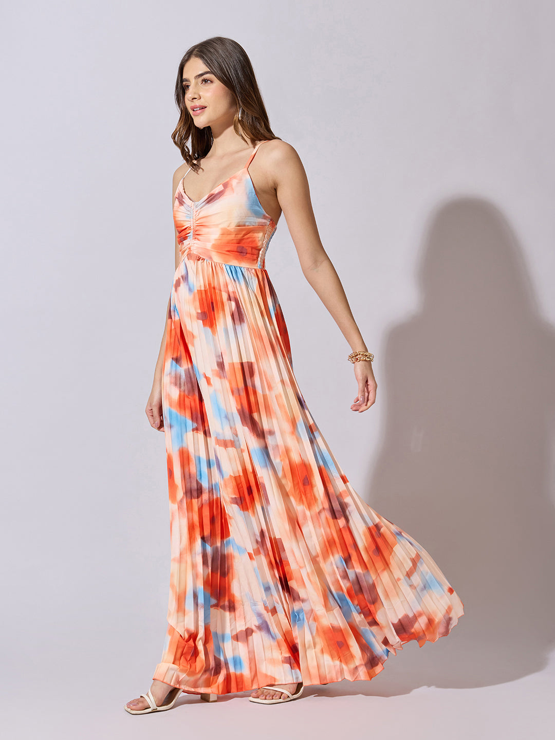 Women's Floral Print Orange Pleated Maxi Dress