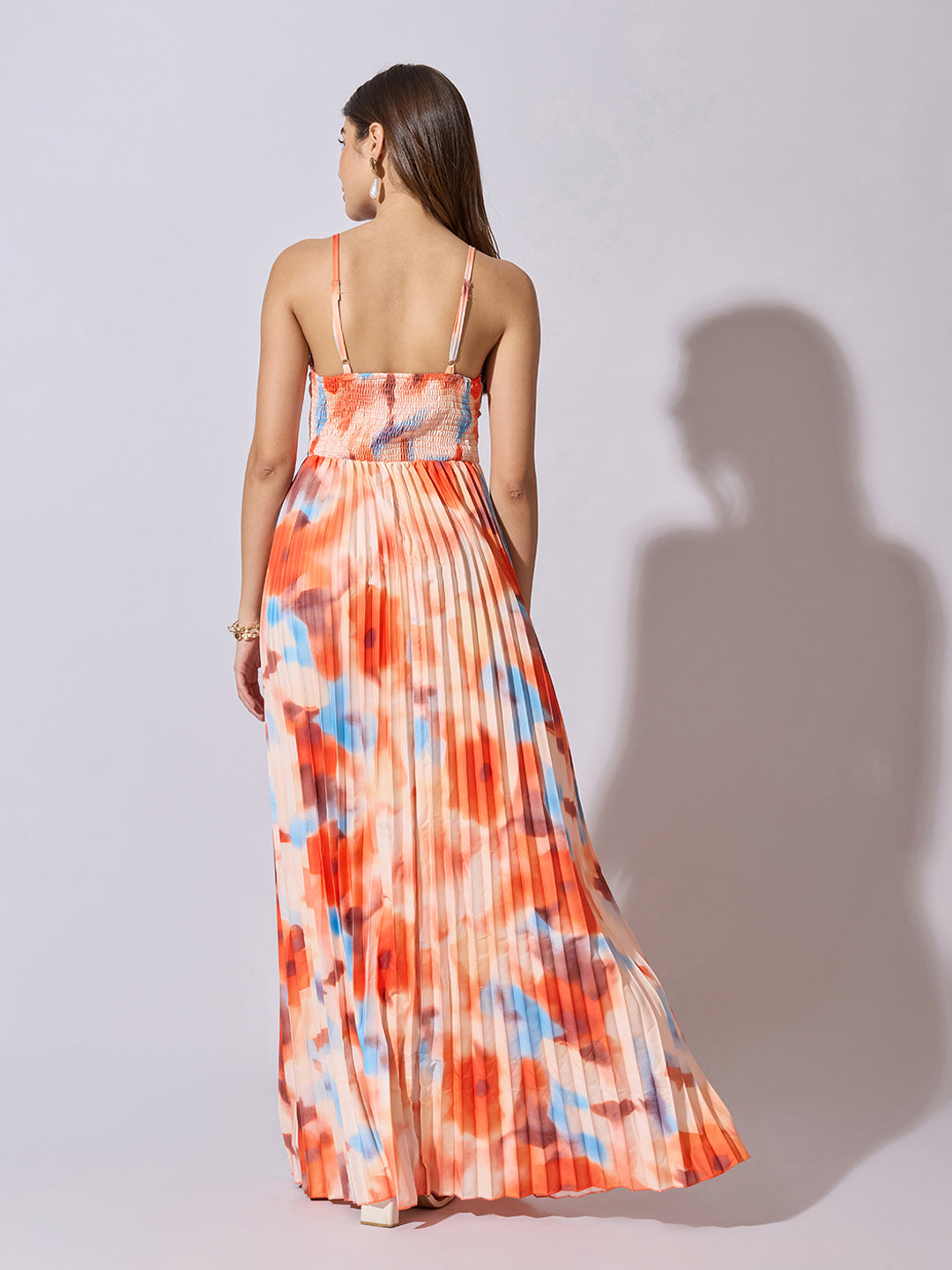 Women's Floral Print Orange Pleated Maxi Dress