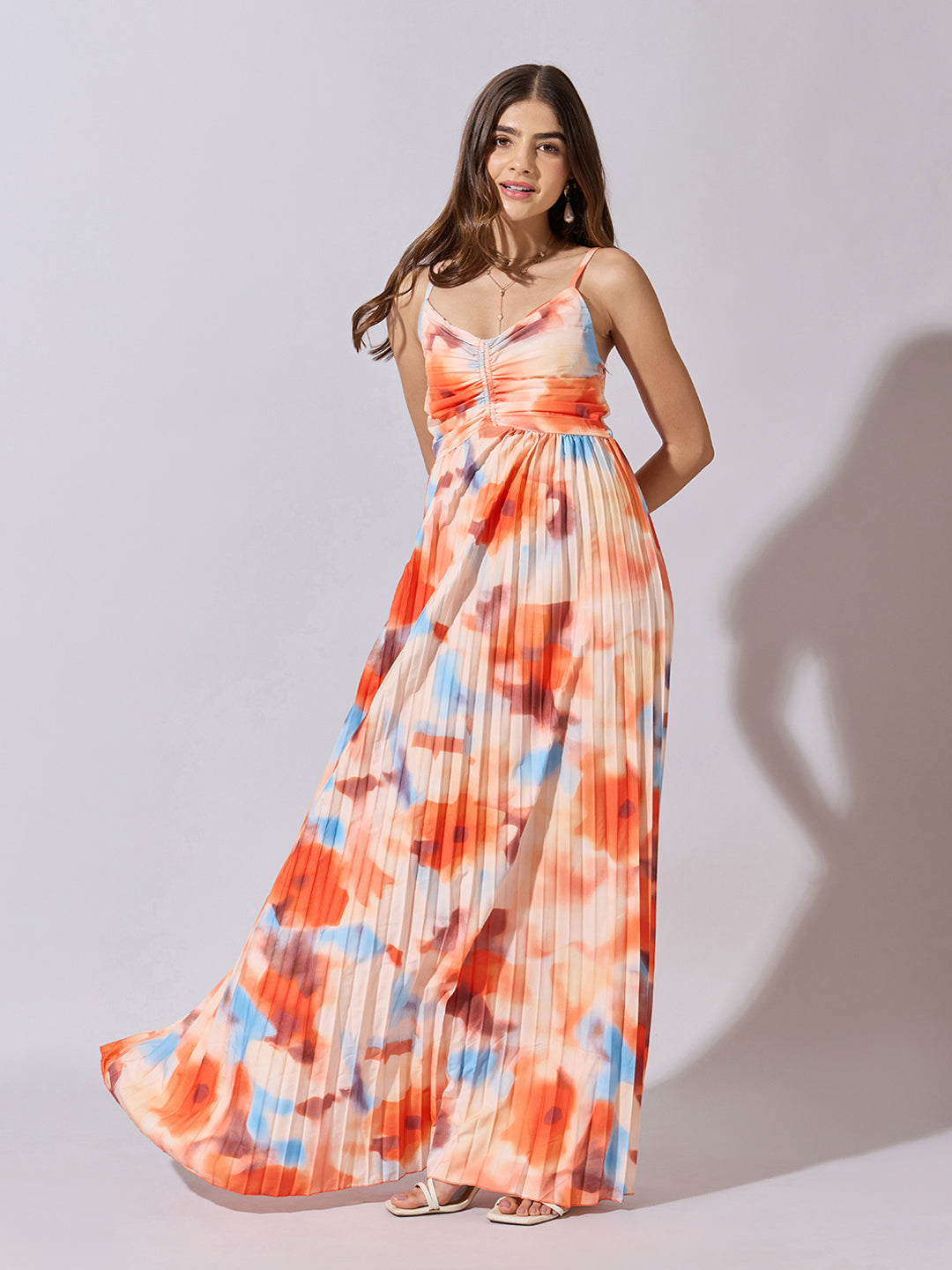 Women's Floral Print Orange Pleated Maxi Dress