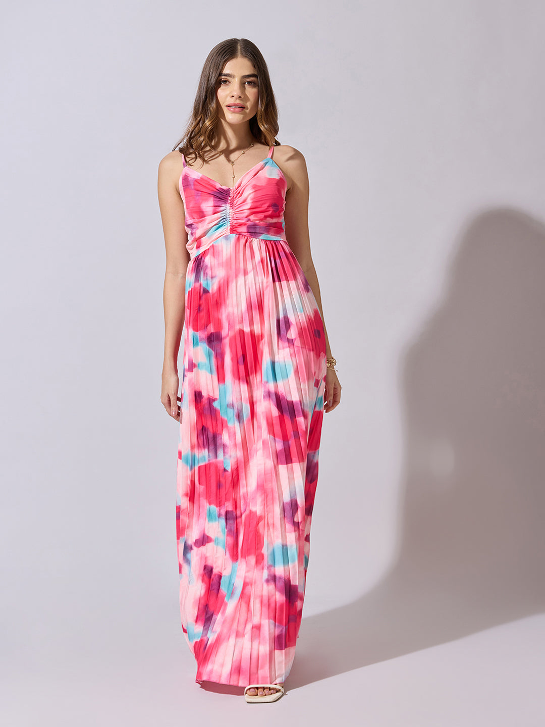 Women's Floral Print Pink Pleated Maxi Dress