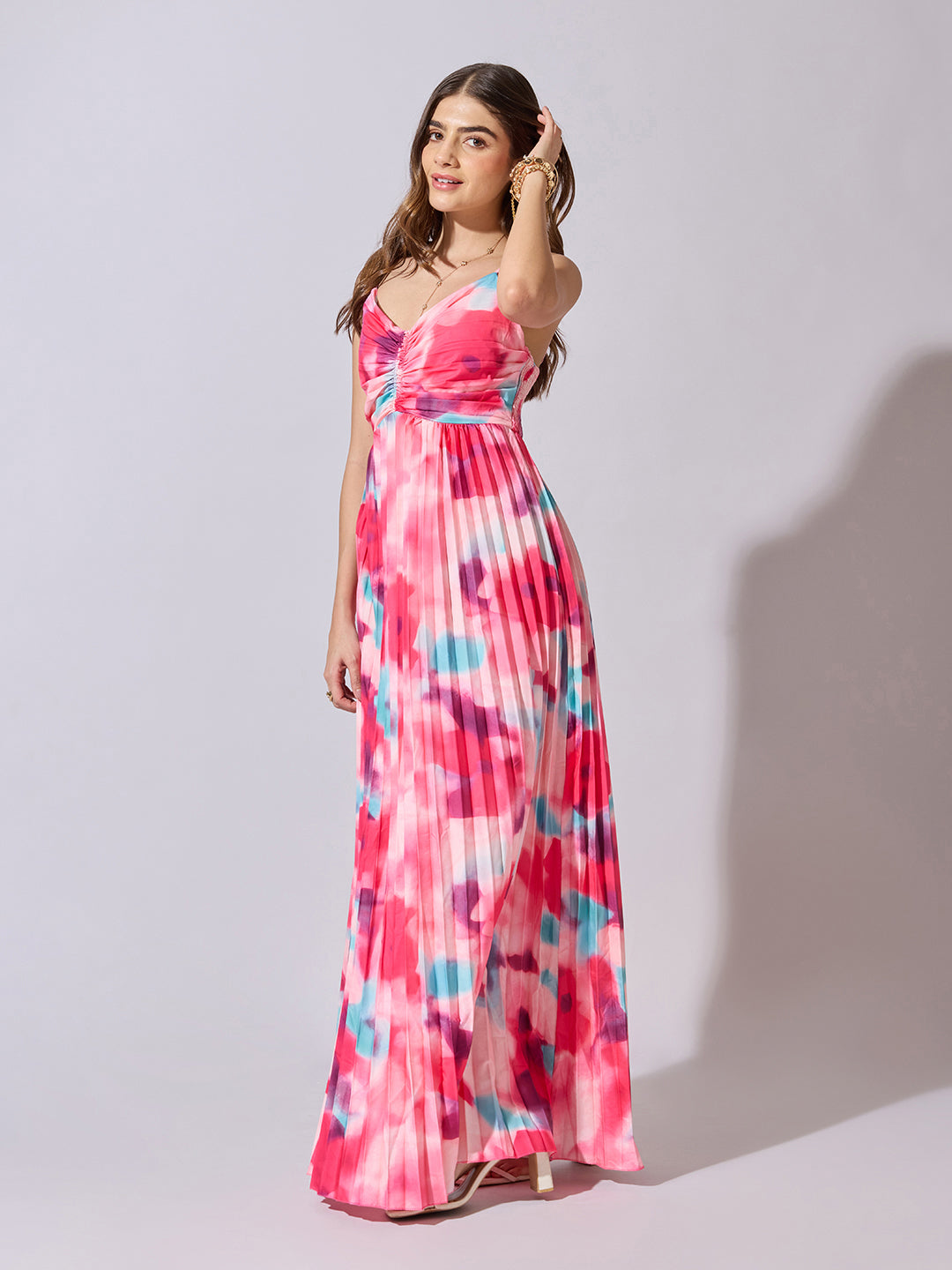 Women's Floral Print Pink Pleated Maxi Dress