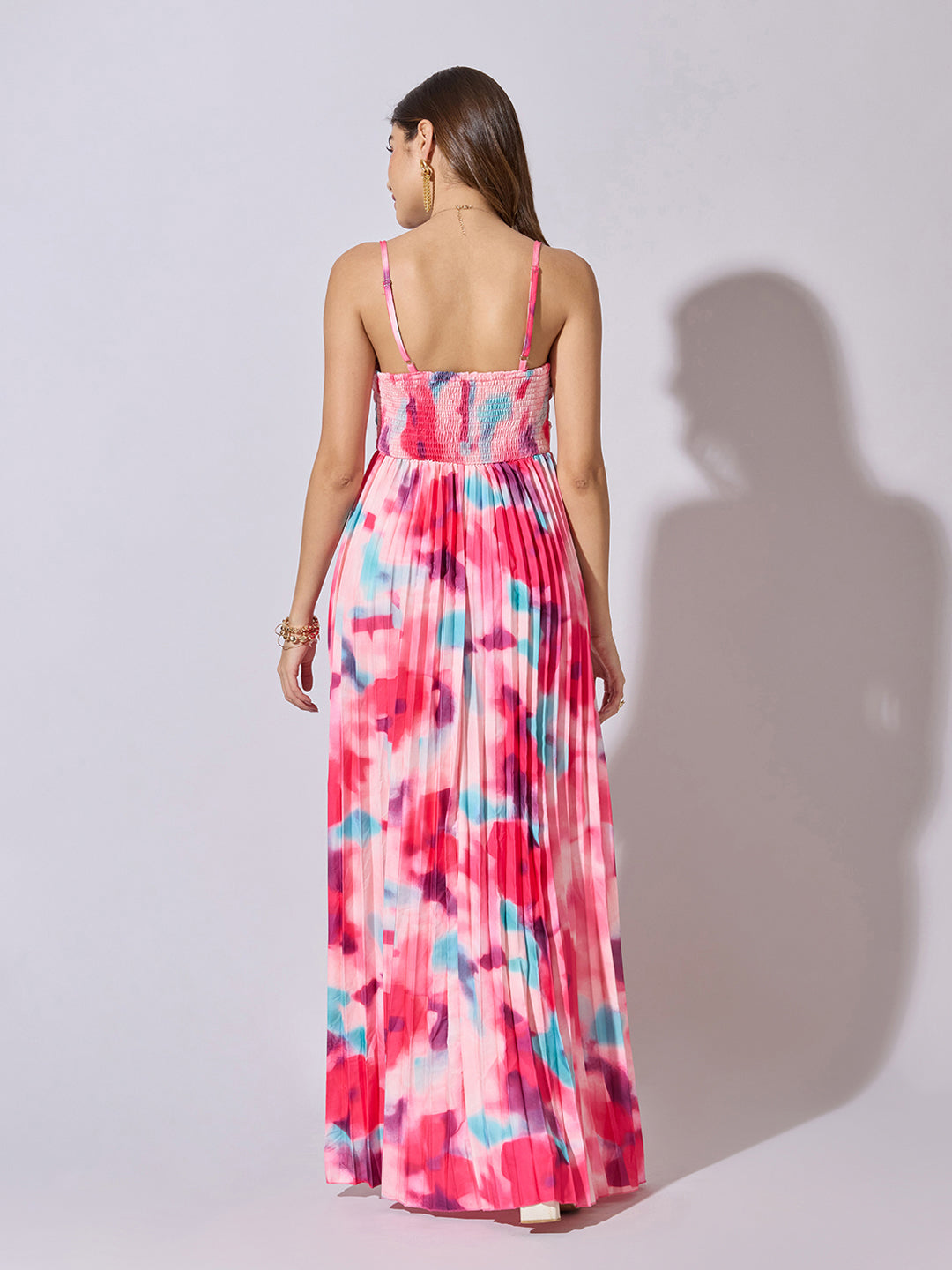 Women's Floral Print Pink Pleated Maxi Dress