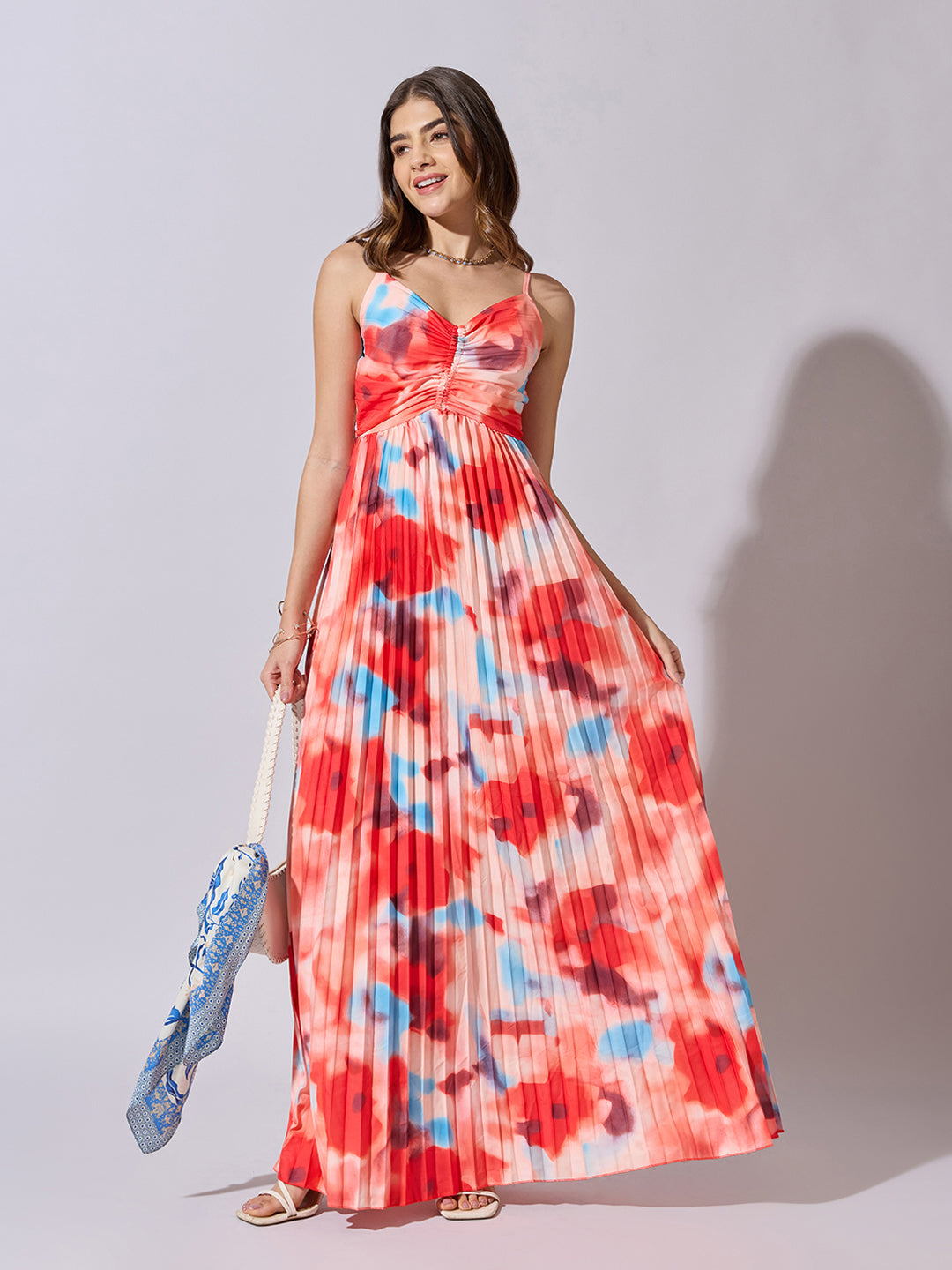Women's Floral Print Red Pleated Maxi Dress