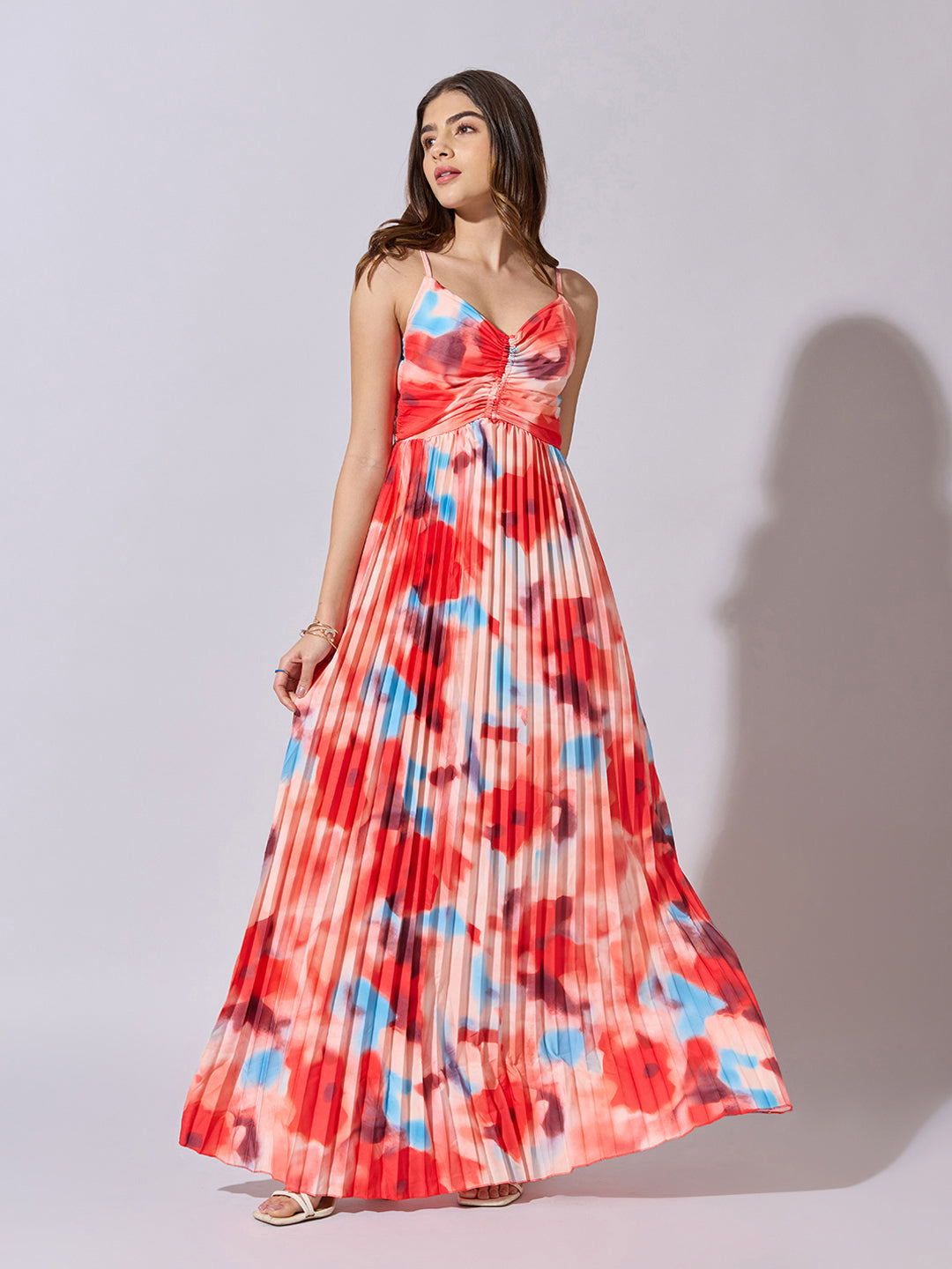 Women's Floral Print Red Pleated Maxi Dress
