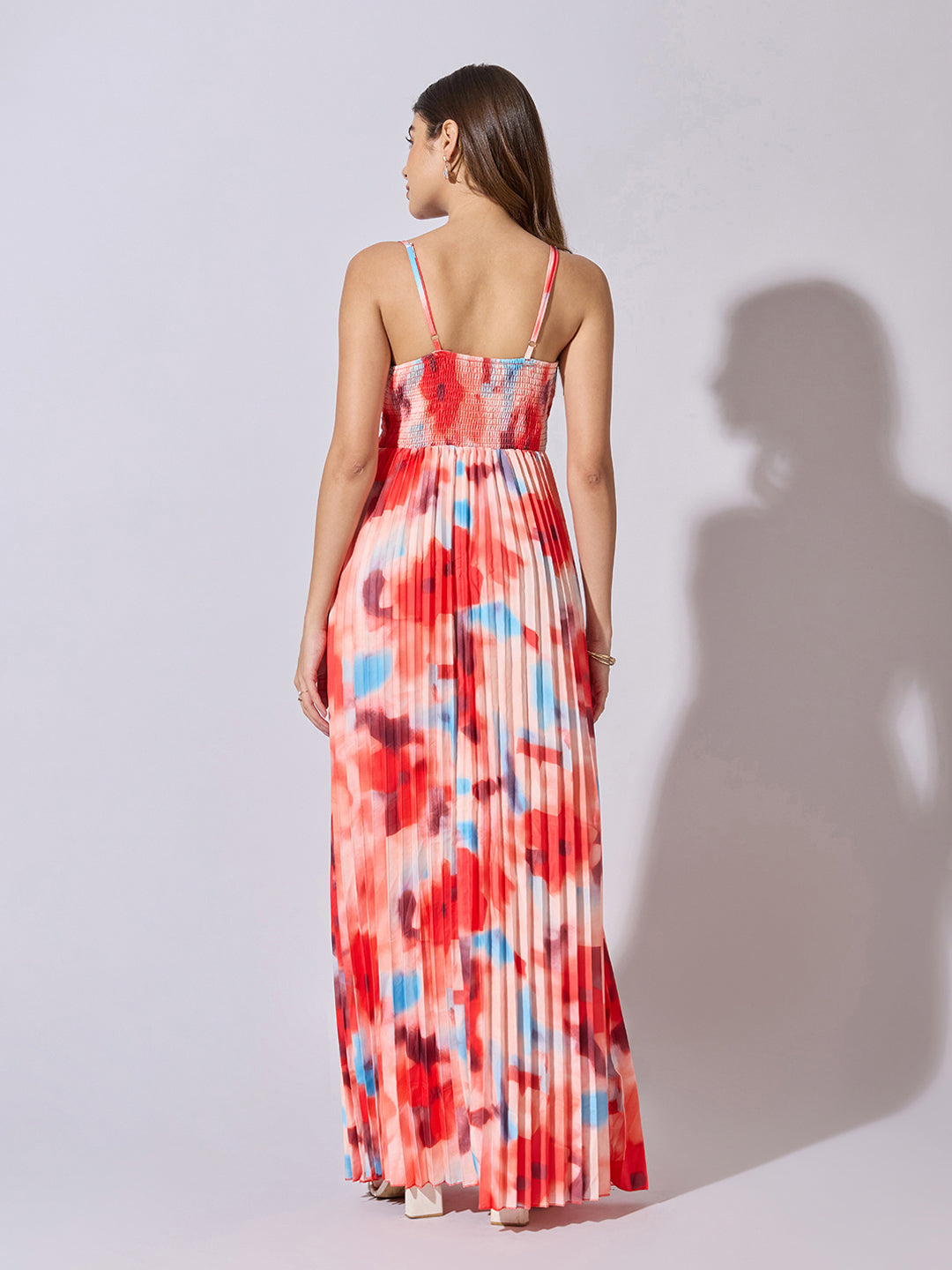 Women's Floral Print Red Pleated Maxi Dress
