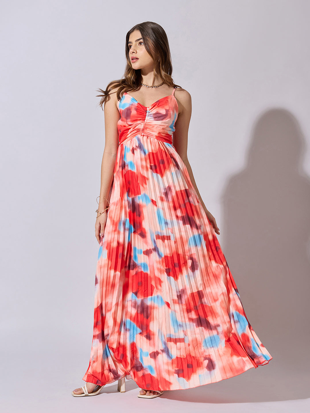 Women's Floral Print Red Pleated Maxi Dress