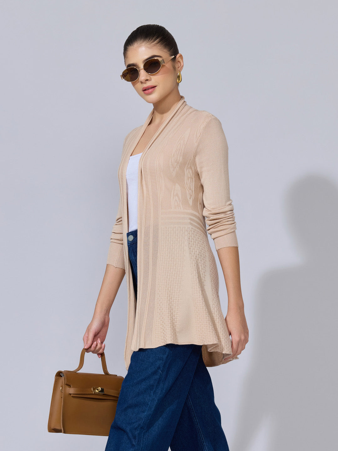 Women's Ribbed Beige Longline Open Front Shrug
