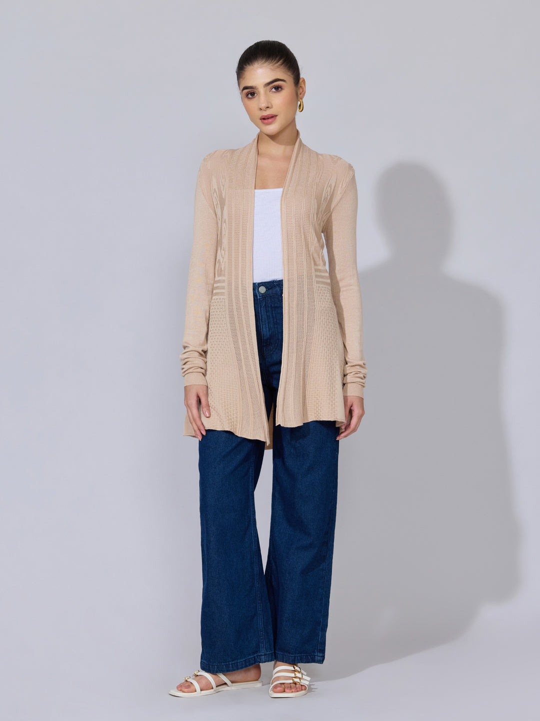 Women's Ribbed Beige Longline Open Front Shrug