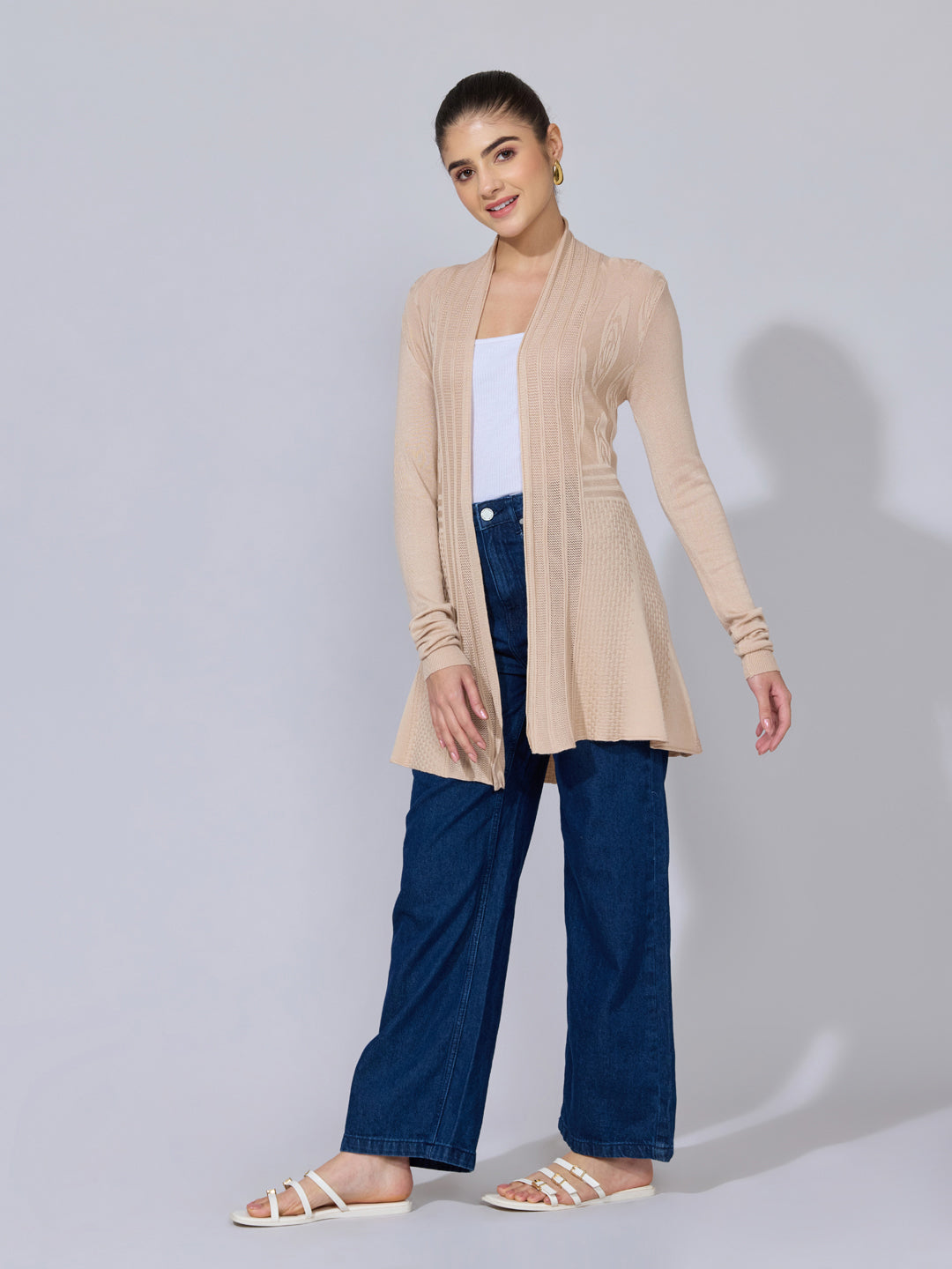 Women's Ribbed Beige Longline Open Front Shrug