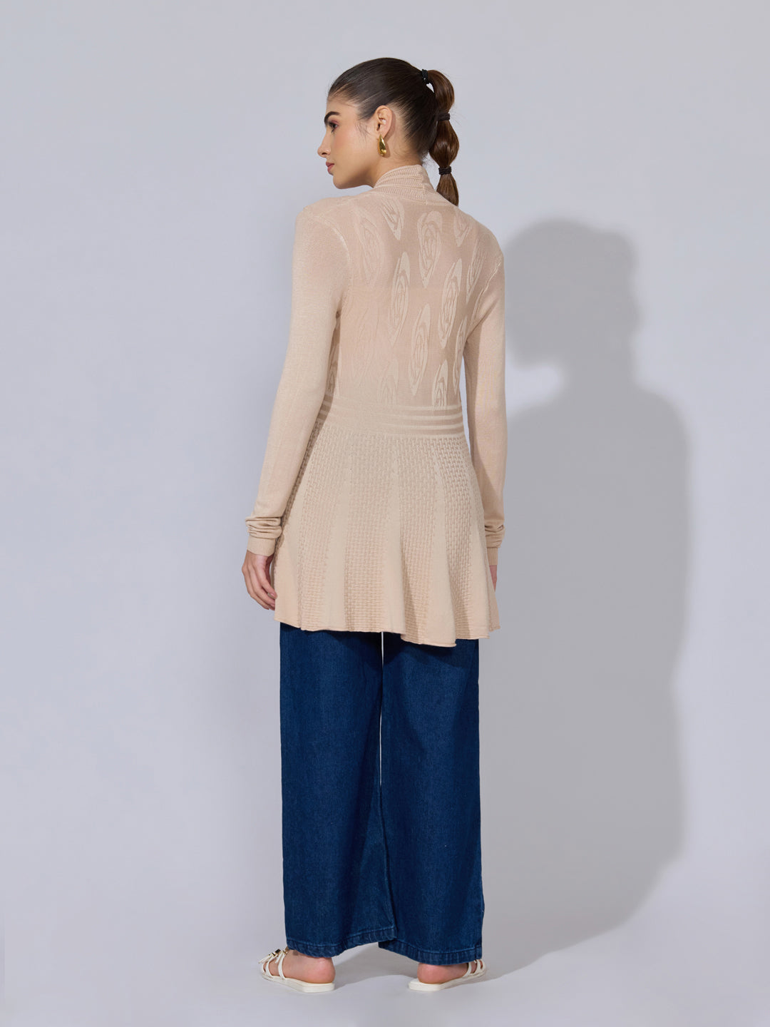 Women's Ribbed Beige Longline Open Front Shrug