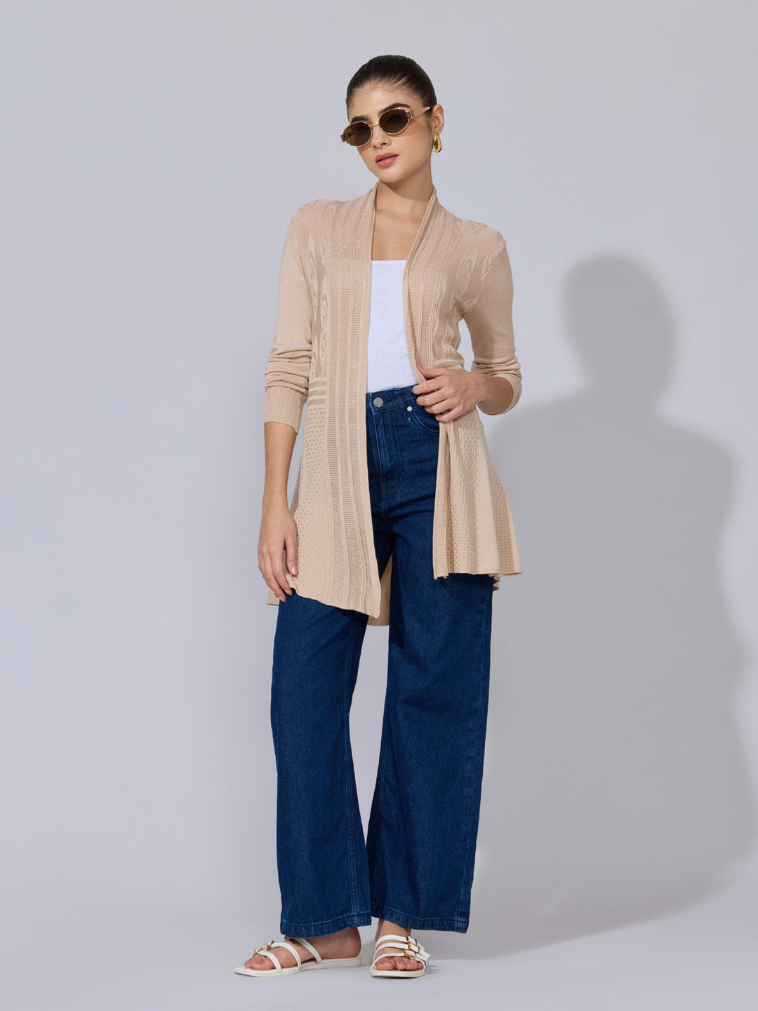 Women's Ribbed Beige Longline Open Front Shrug