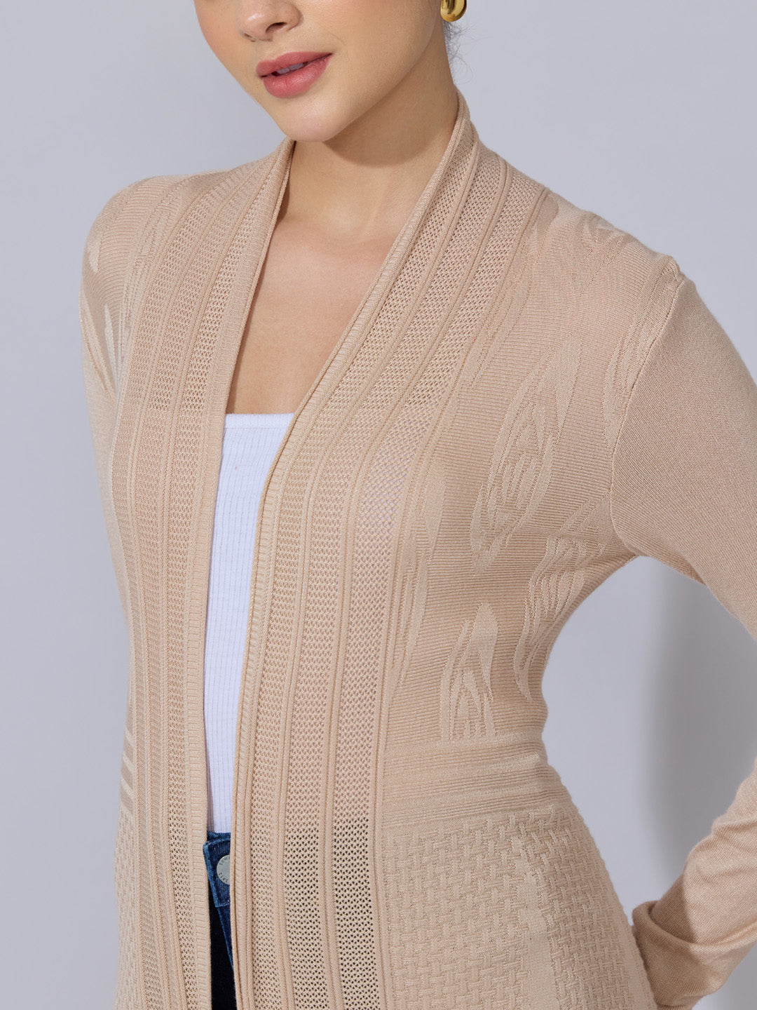 Women's Ribbed Beige Longline Open Front Shrug