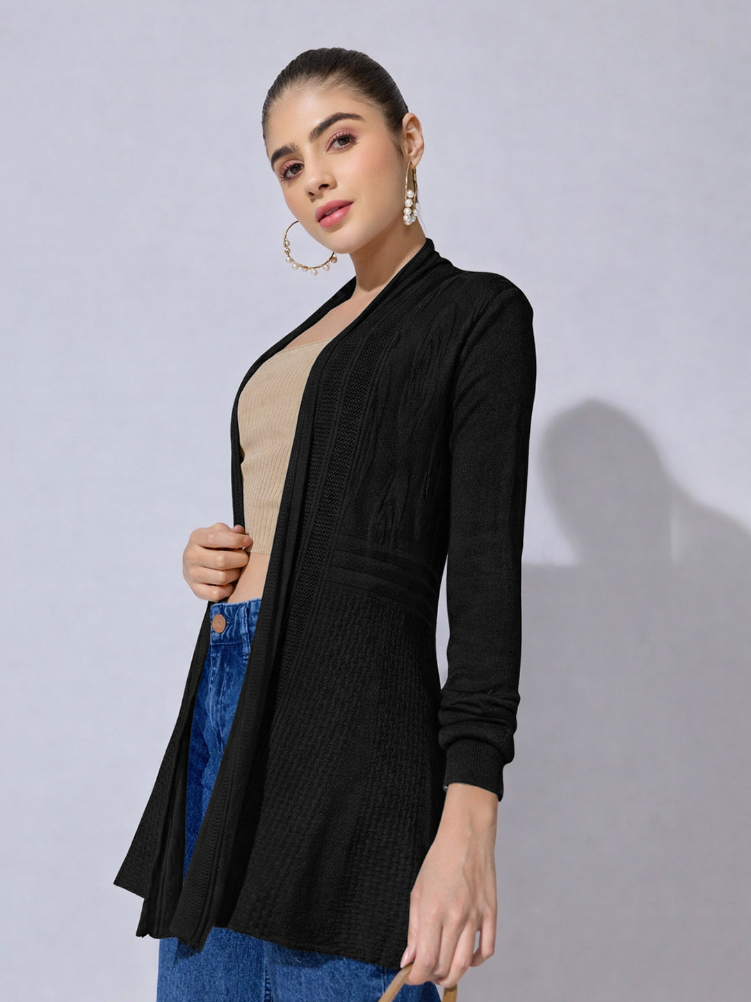 Women's Ribbed Black Longline Open Front Shrug