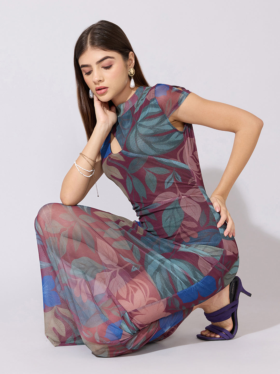 Women's Printed Olive Green Mesh Dress