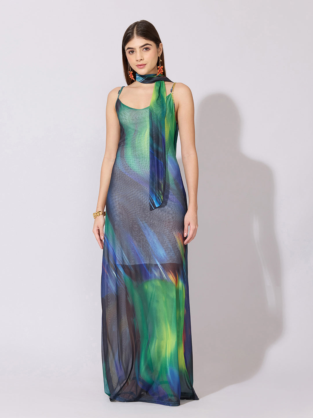 Women's Abstract Ombre Green Mesh Dress with Neck Tie