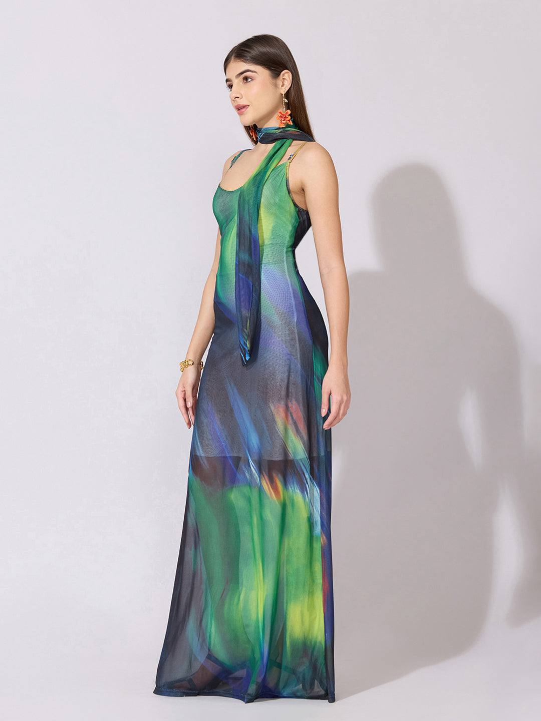 Women's Abstract Ombre Green Mesh Dress with Neck Tie