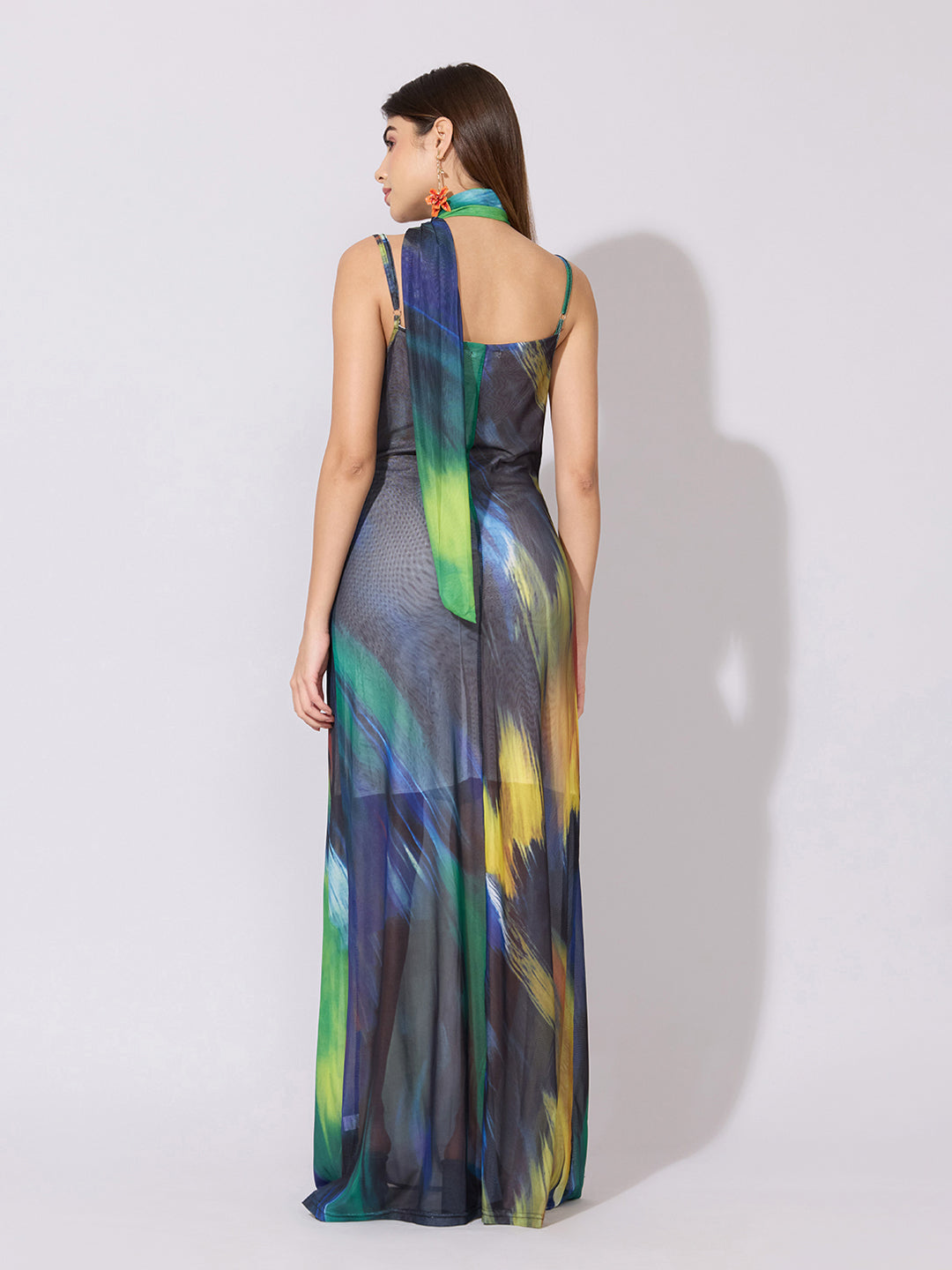 Women's Abstract Ombre Green Mesh Dress with Neck Tie
