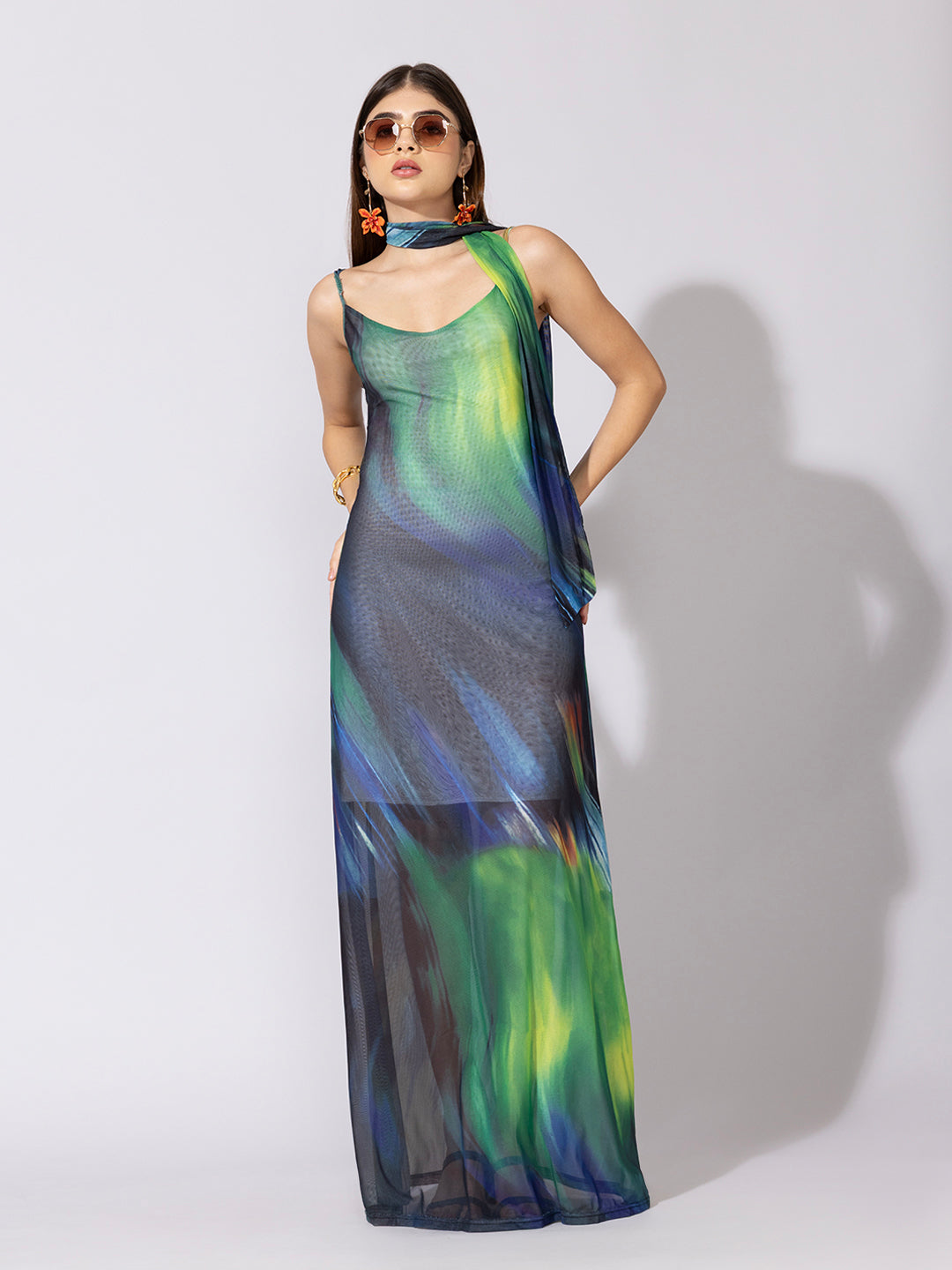 Women's Abstract Ombre Green Mesh Dress with Neck Tie