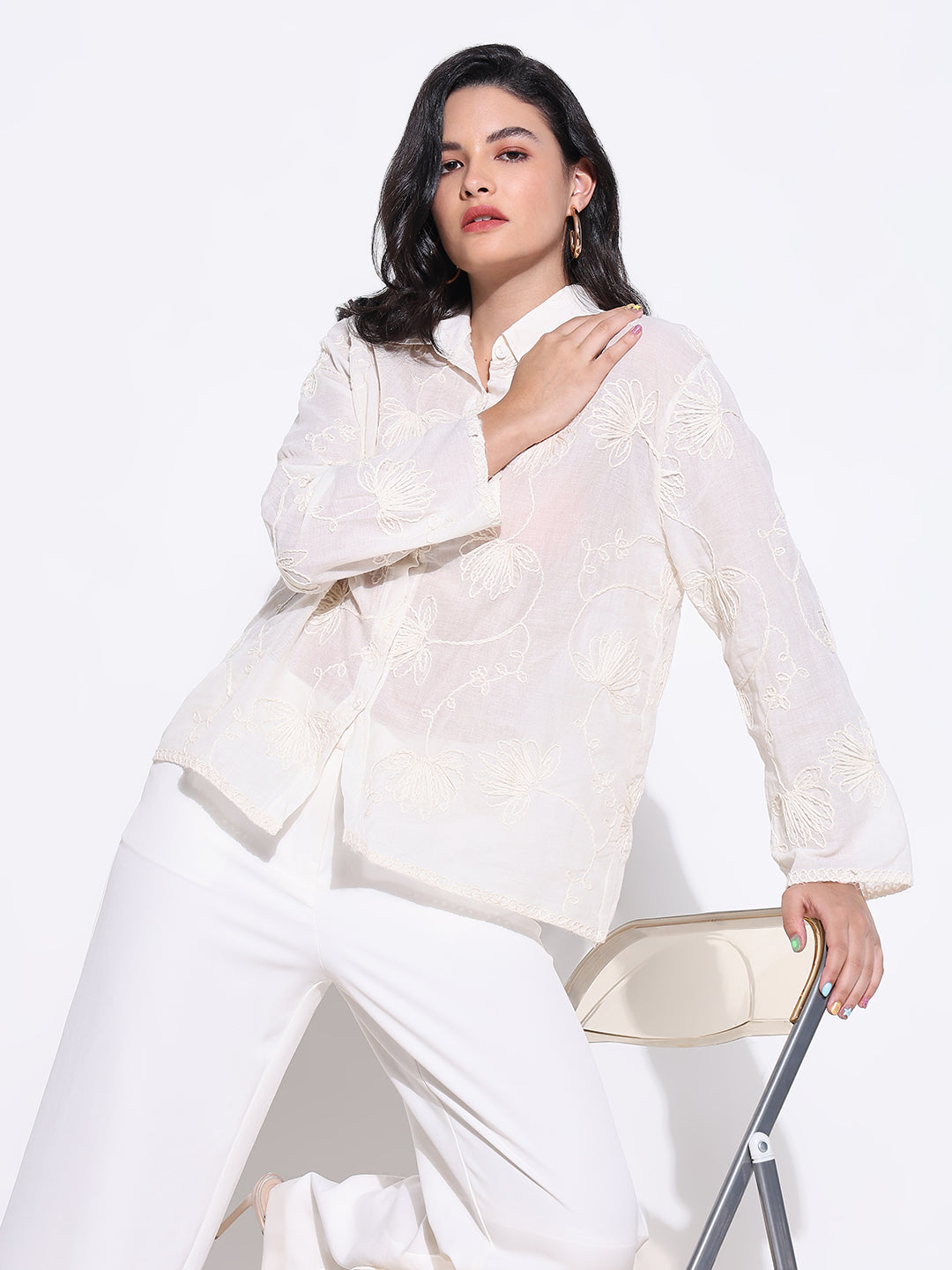 Women Solid Cream Shirt