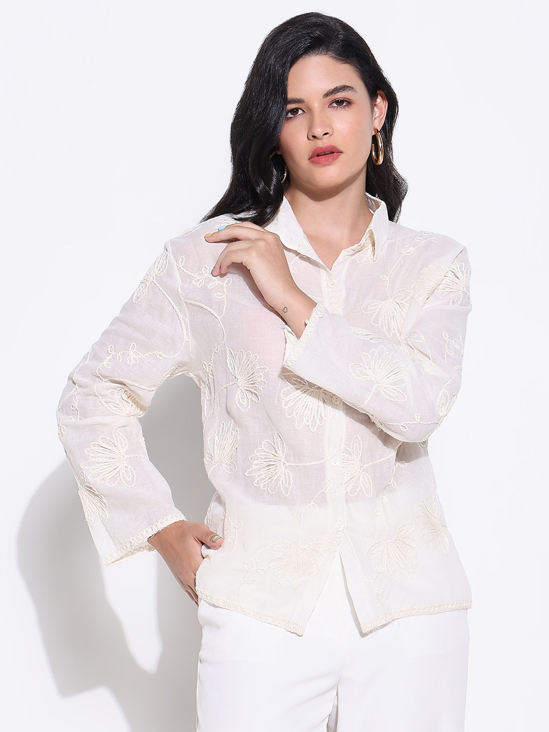 Women Solid Cream Shirt