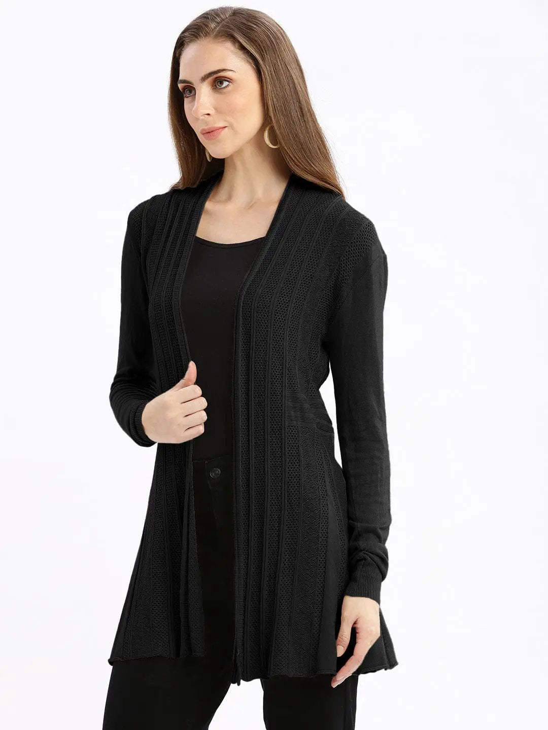 Women's Textured Knit Black Open-Front Long Shrug - from SHOWOFFFF