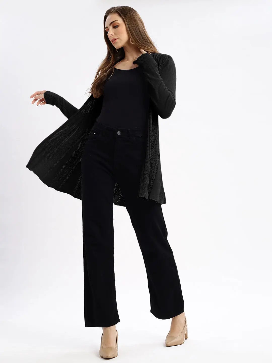 Women's Textured Knit Black Open-Front Long Shrug - from SHOWOFFFF