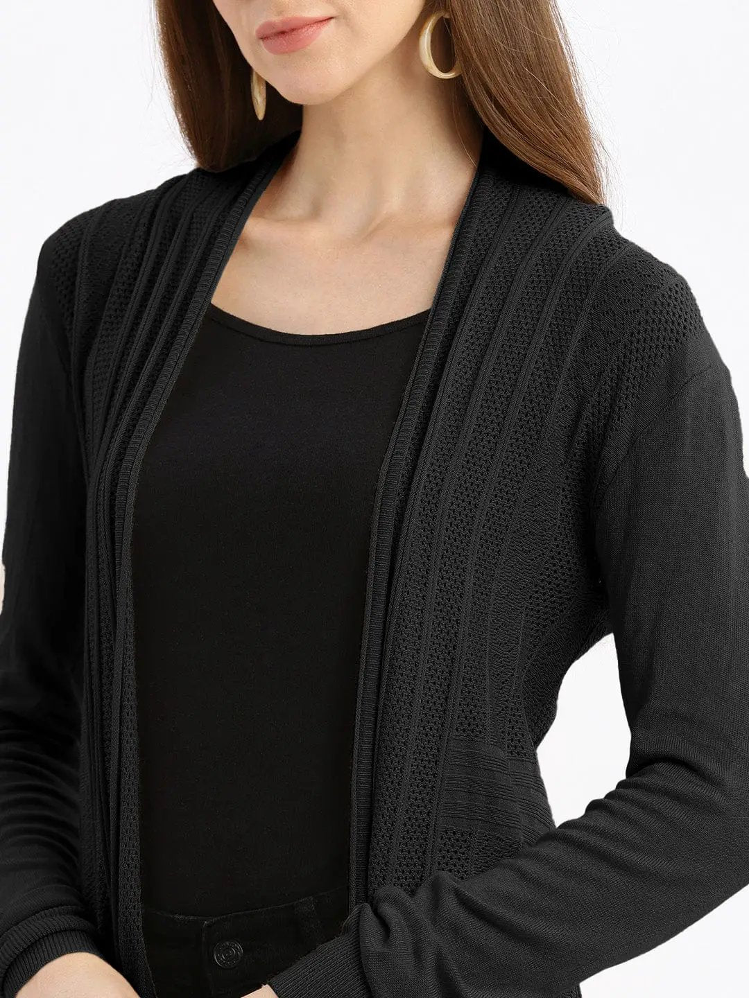 Women's Textured Knit Black Open-Front Long Shrug - from SHOWOFFFF