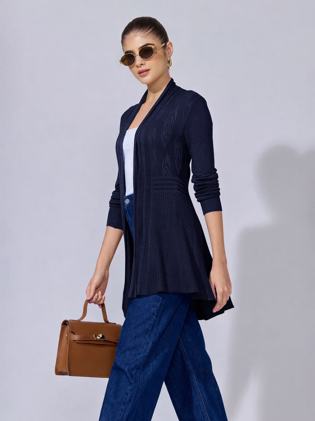 Women's Ribbed Navy Blue Longline Open Front Shrug