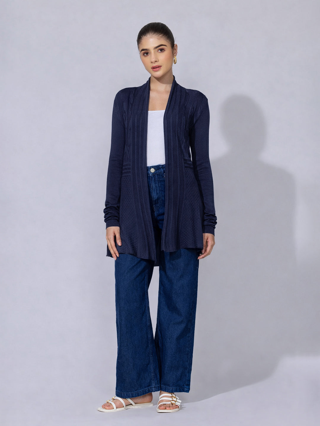 Women's Ribbed Navy Blue Longline Open Front Shrug