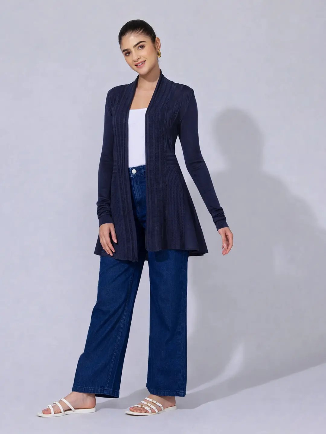 Women's Ribbed Navy Blue Longline Open Front Shrug - from SHOWOFFFF