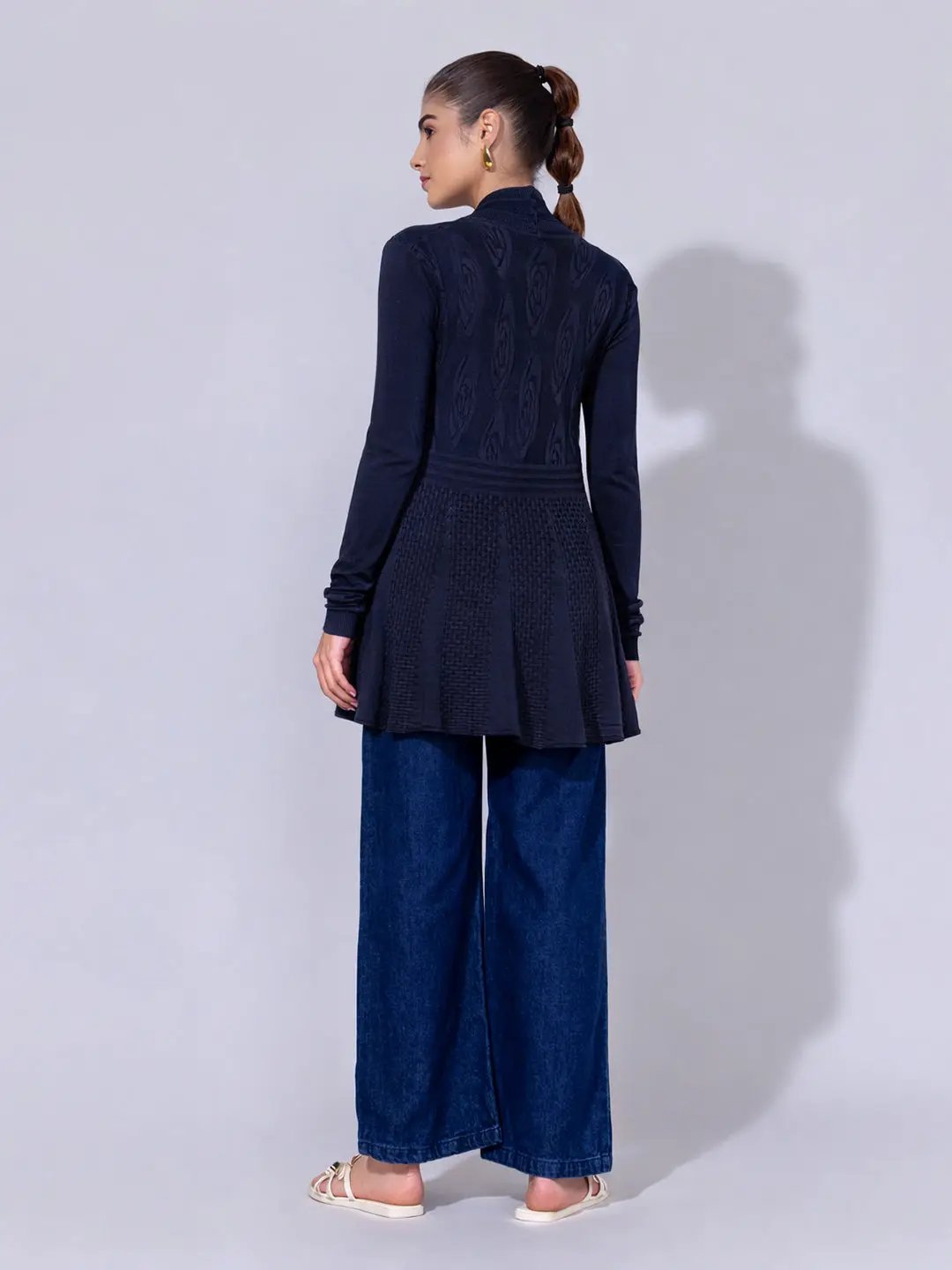 Women's Ribbed Navy Blue Longline Open Front Shrug - from SHOWOFFFF